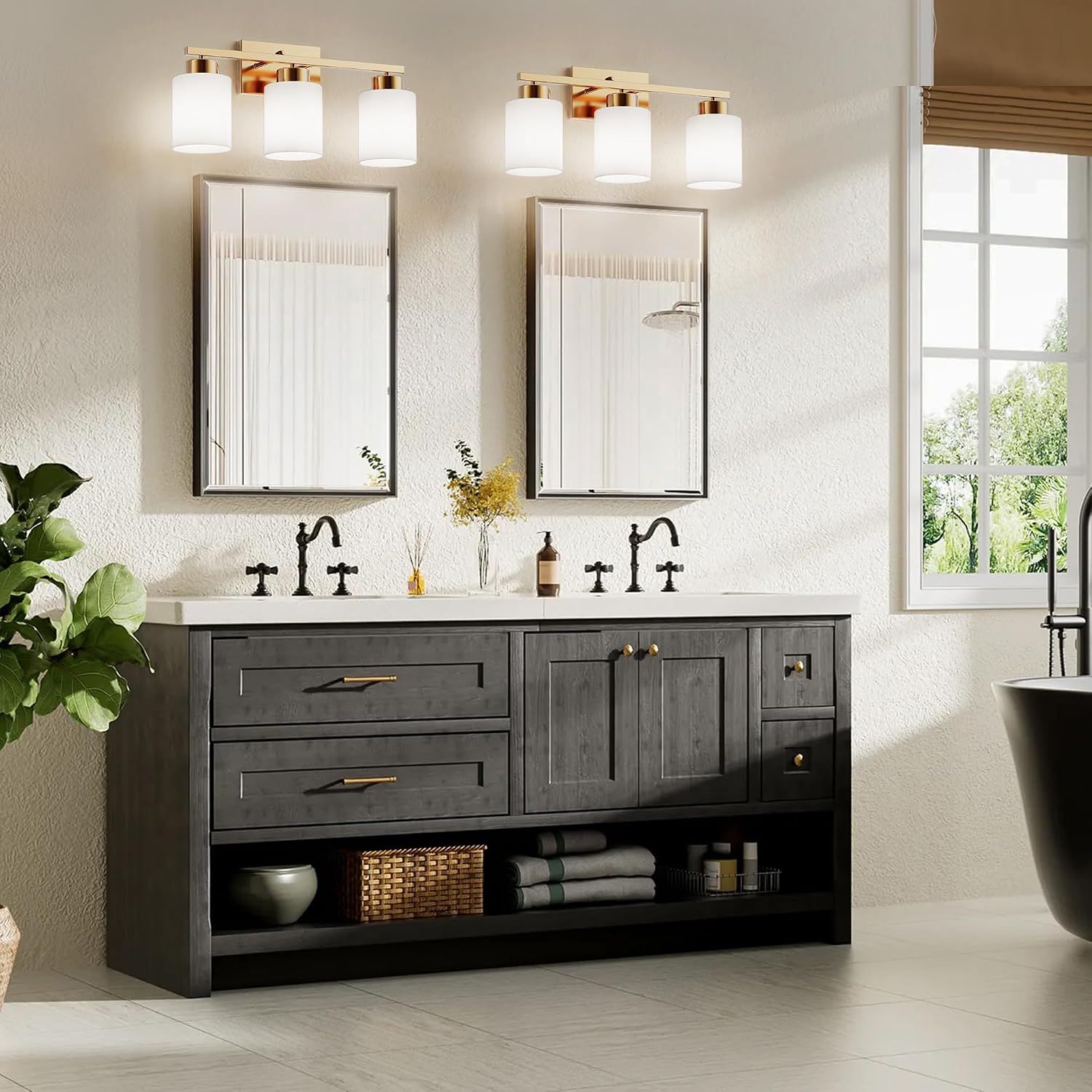 PARTPHONER 3-Light Brushed Gold Bathroom Light Fixtures, Modern Vanity Light Over Mirror Lighting, Wall Sconce with Frosted Milky White Glass Shades for Bedroom Living Room Kitchen Hallway