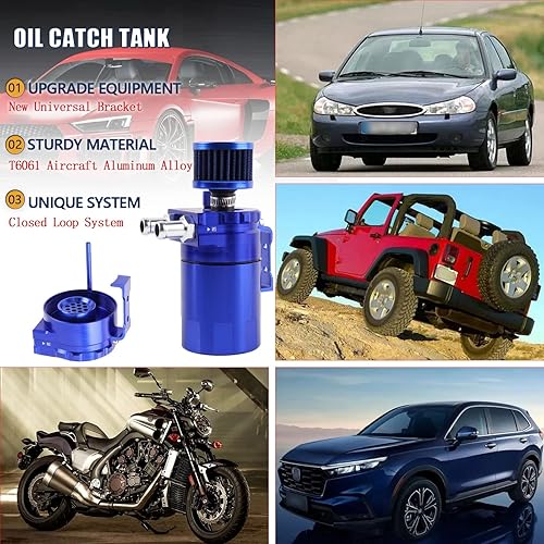 Miniatura 3 de Tanque universal de aceite para atrapar la lata, separador de aceite de aluminio con filtro de respiradero de 10.1 fl oz (azul)