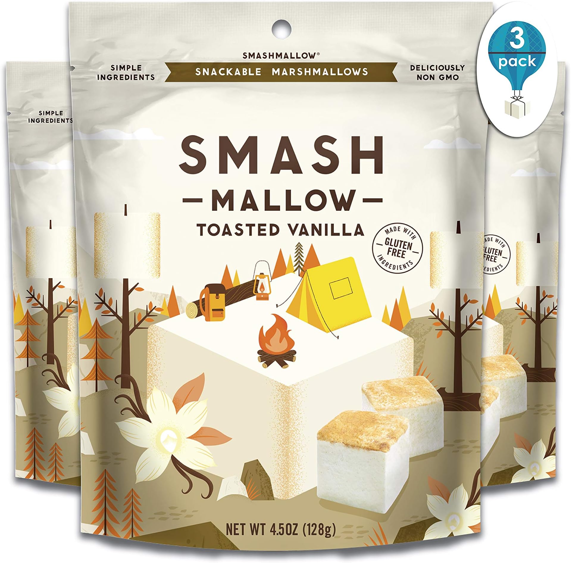 Toasted Vanilla by SMASHMALLOW | Snackable Marshmallows | Gluten Free | Non-GMO | Organic Cane Sugar | 100 Calories | Pack Of 3 (4.5 oz)