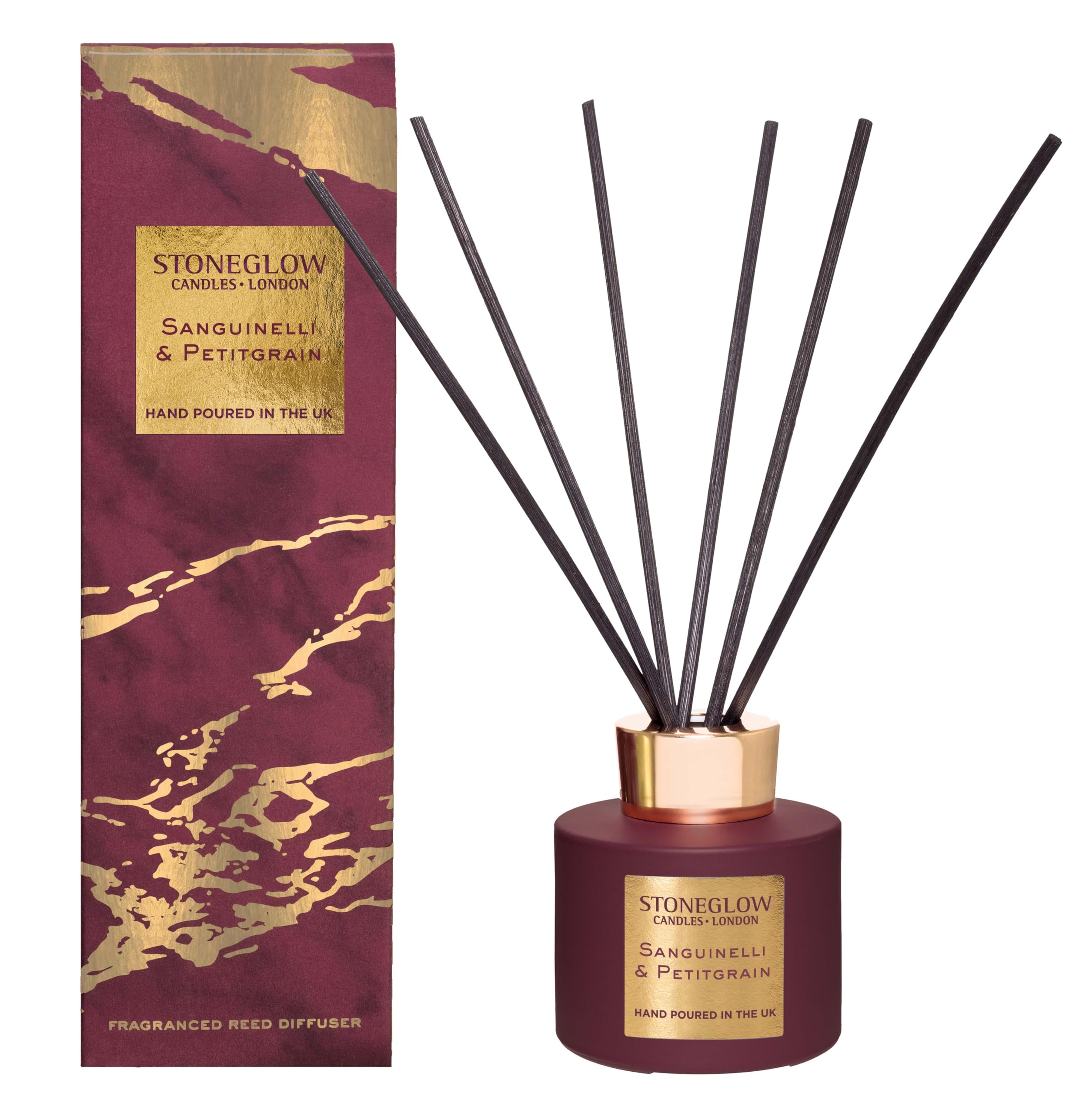 Stoneglow Luna Collection Sanguinelli & Petitgrain Scented Reed Diffuser 120ml – Citrus Blossom, Eucalyptus & Patchouli, Lasts 10 Weeks, 10 Rattan Reed Diffuser Sticks, Refillable Home Fragrance