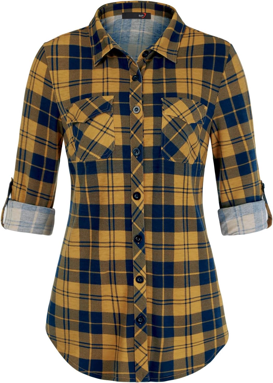 Womens plaid knit shirt with roll-up sleeves
