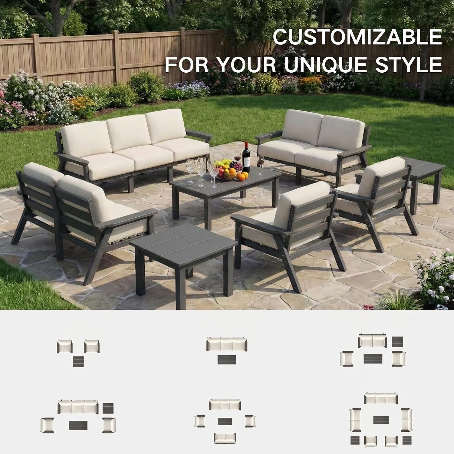 Kingdura HDPE Patio Furniture Set, 9 Piece Outdoor Sectional Sofa with Coffee Table, All Weather Outdoor Couch Conversation Set with Washable Cushions for Backyard Poolside Balcony