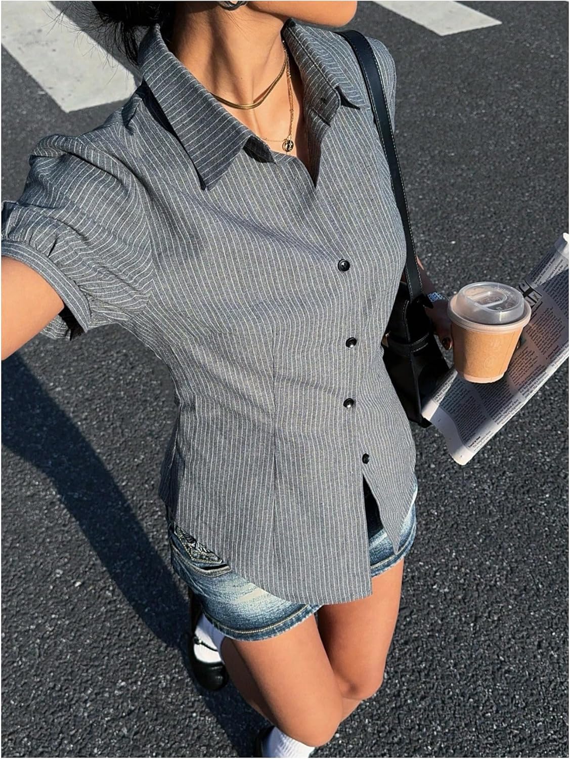 MakeMeChic Women's Striped Button Down Y2K Shirt Short Sleeve Collared Summer Office Blouse - Image 5