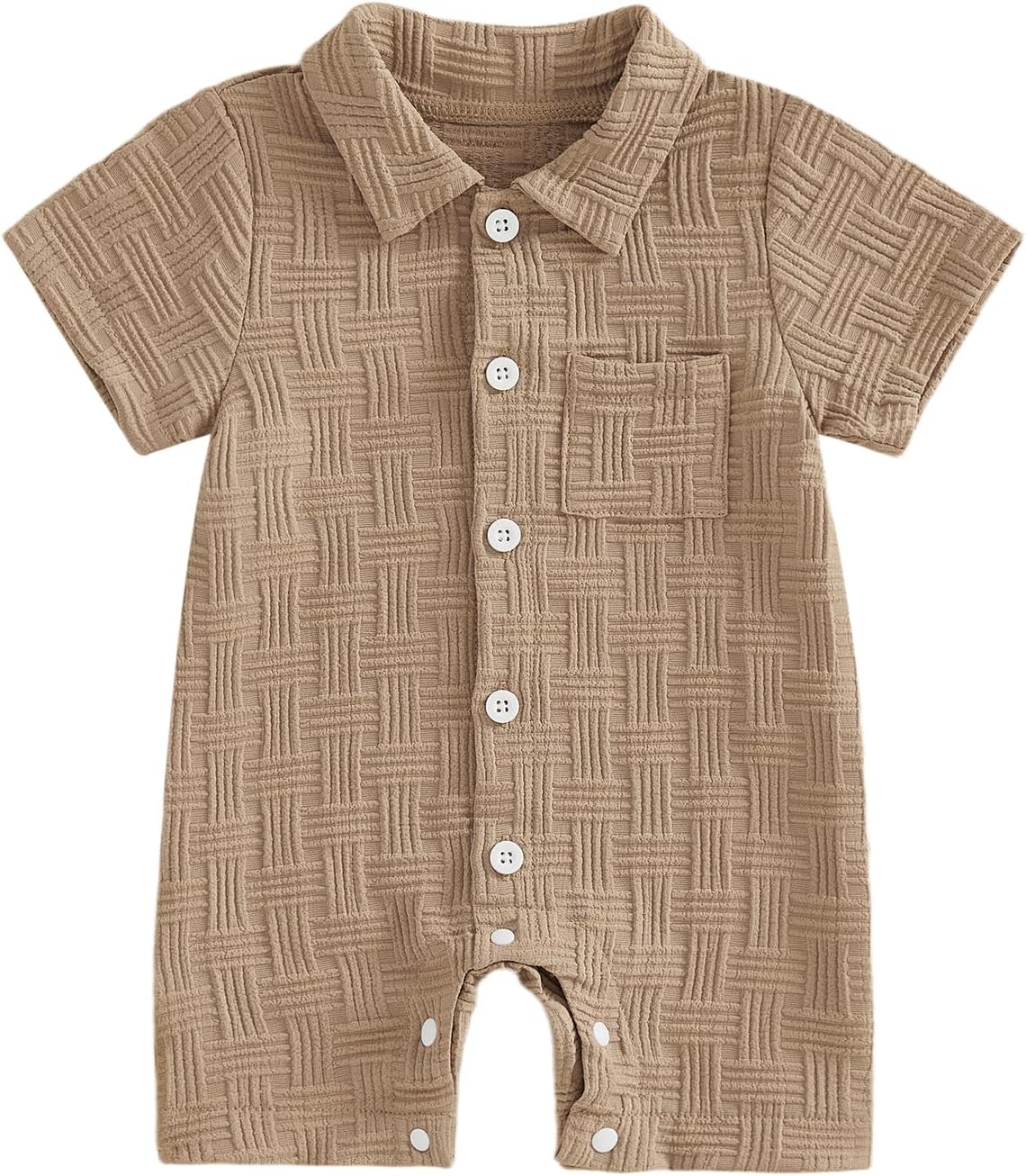 Newborn Baby Boy Summer Clothes Texture Button Down Shirt Romper One-Piece Jumpsuit Short Sleeve Collared Bodysuit