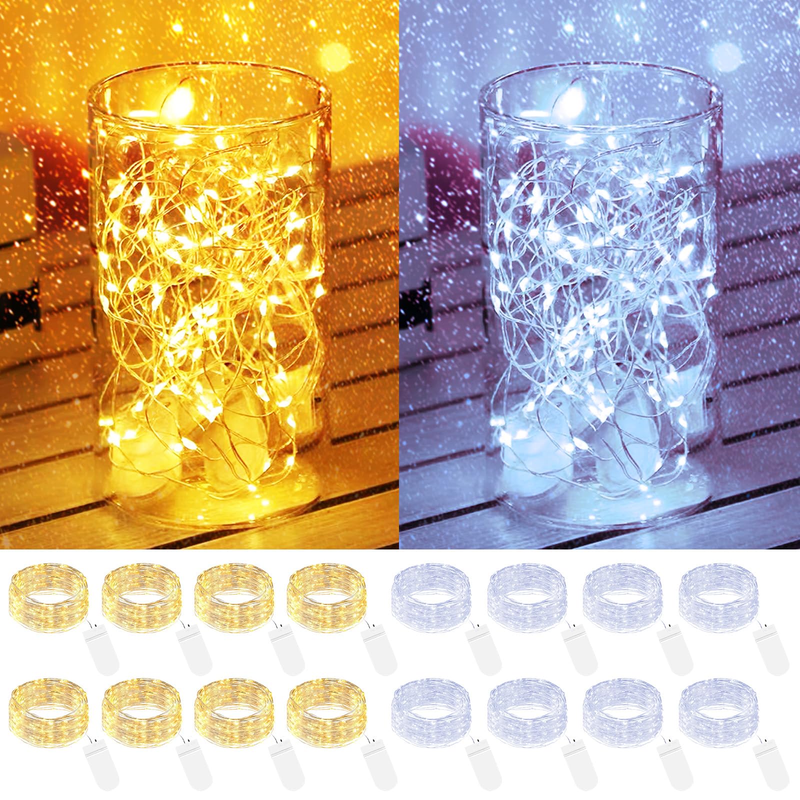 16 Pack Fairy Lights Battery Powered, 7FT 20LED Mini String Lights Twinkle Lights Waterproof, Silver Wire Fairy Lights Battery Operated Mason Jar Lights for Indoor Bedroom DIY Wedding Christmas Decor