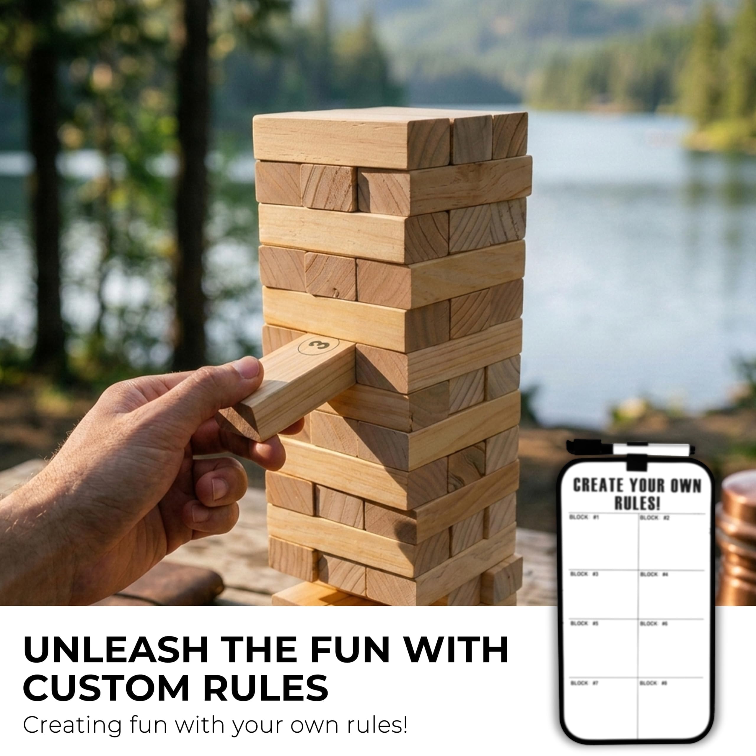 Großer Tumbling Timbers Lebensgroßer Trommelturm aus Holz, stapelbare Spiele, Hof, Outdoor-Spiele für Erwachsene und Familie, Rasenspiele – inklusive Regeln und Tragetasche, 54 Stück Premium-Holz