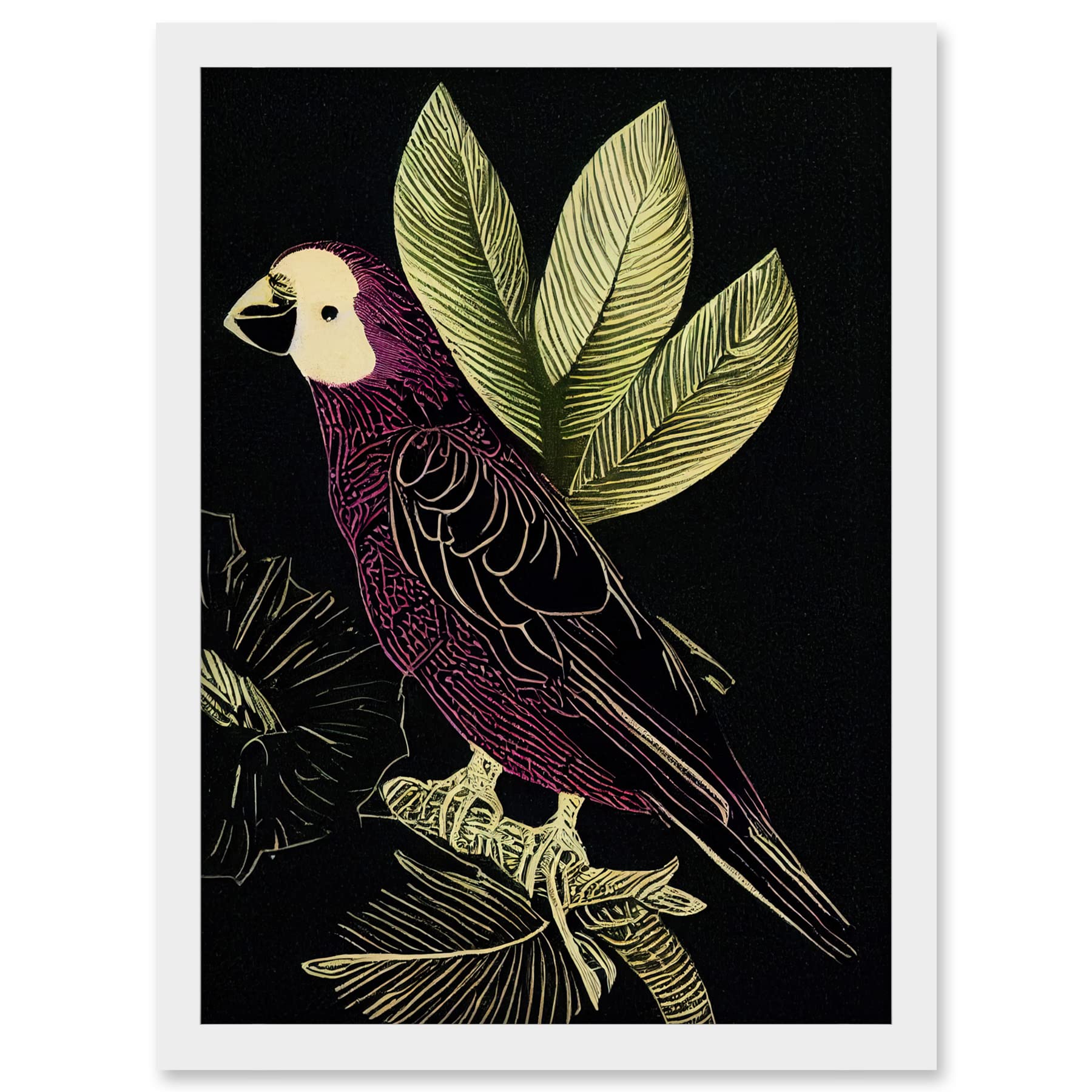 Wee Blue Coo Burgundy Parrot Leaves Tree Branch on Black Vintage Linocut Illustration Artwork Framed A3 Wall Art Print