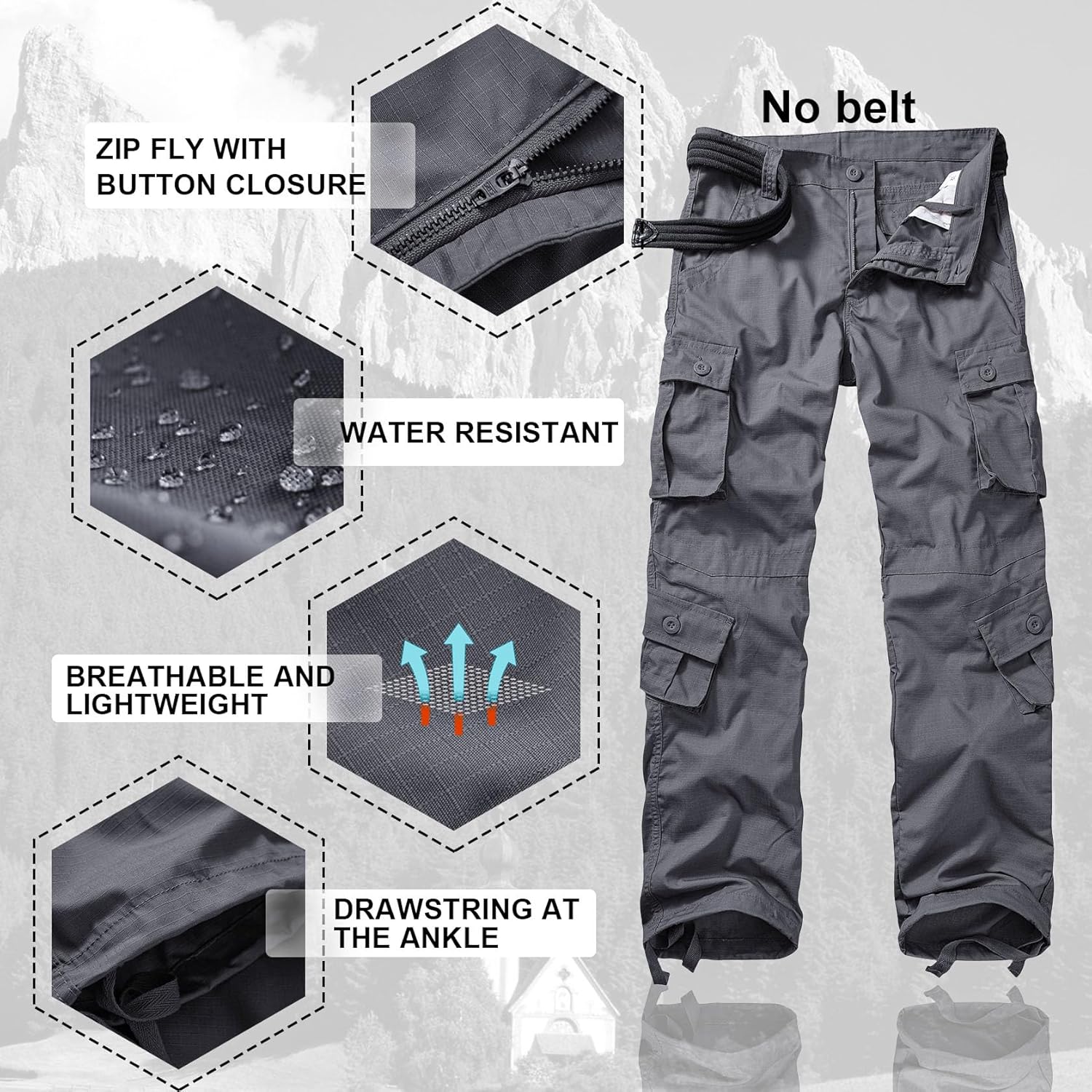 Men's Hiking Pants Waterproof Camo Work Cargo Pants Relaxed Fit Ripstop Tactical Pants with 8 Pockets No Belt