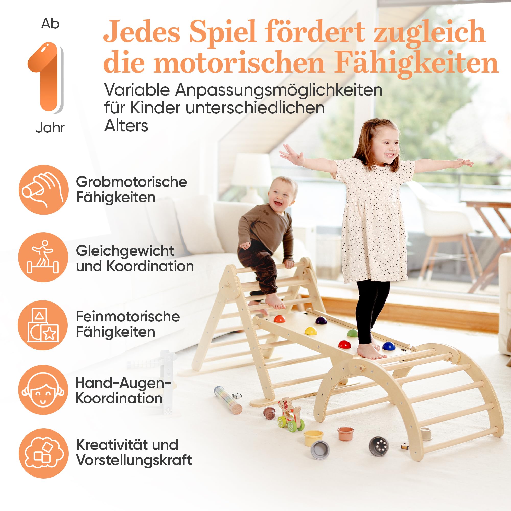 Klettergerüst [FALTBAR] ideal für Indoor & Outdoor-Bereich - Kletterdreieck & Kletterbogen, Lernspielzeug ab 1 Jahr, Montessori Spielzeug für aktives Spielen - Jetzt Entdecken! (Natural)