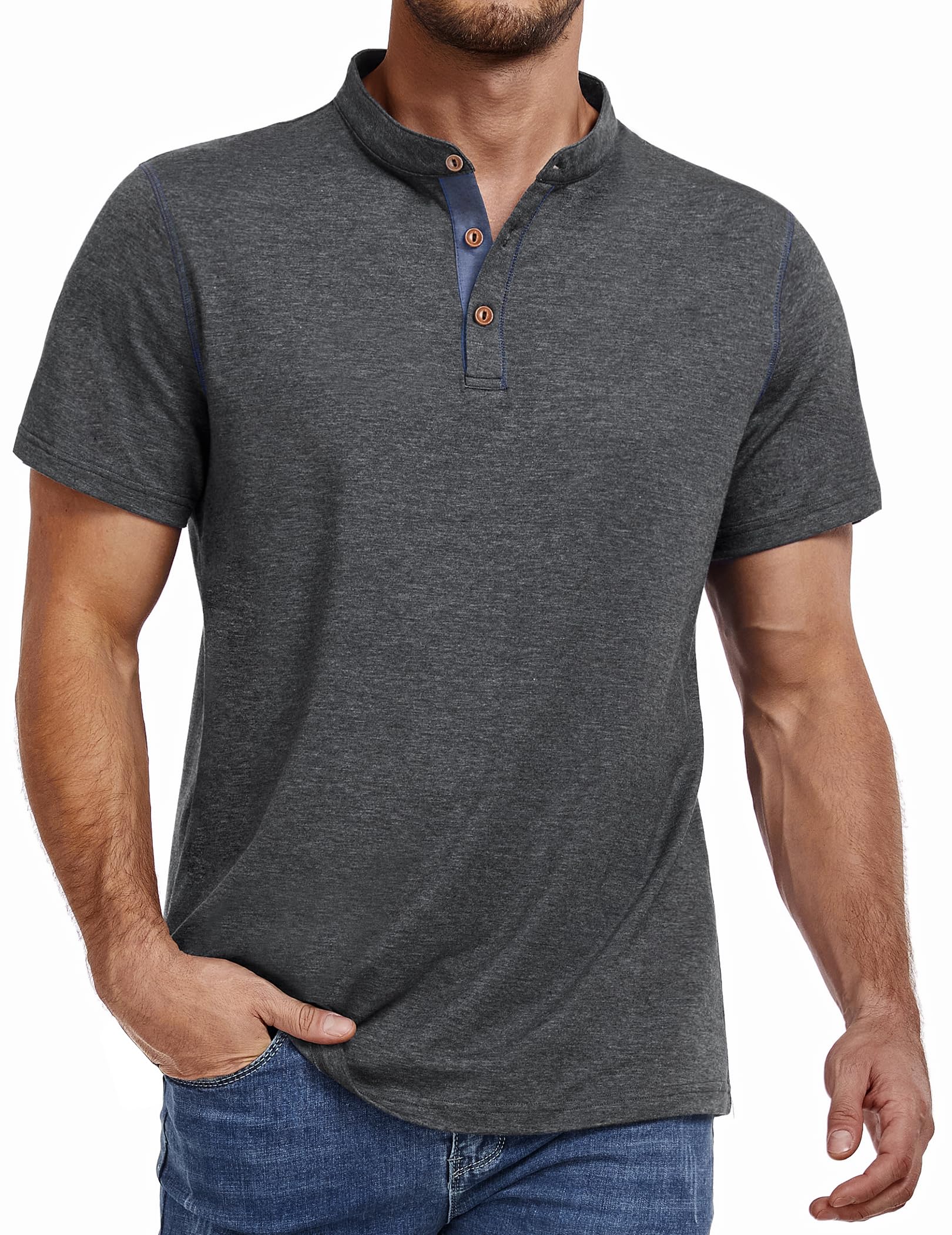 PEGENO Henley Shirts for Men Casual Cotton Shirt Banded Collar Designed Placket Mens Summer Shirts