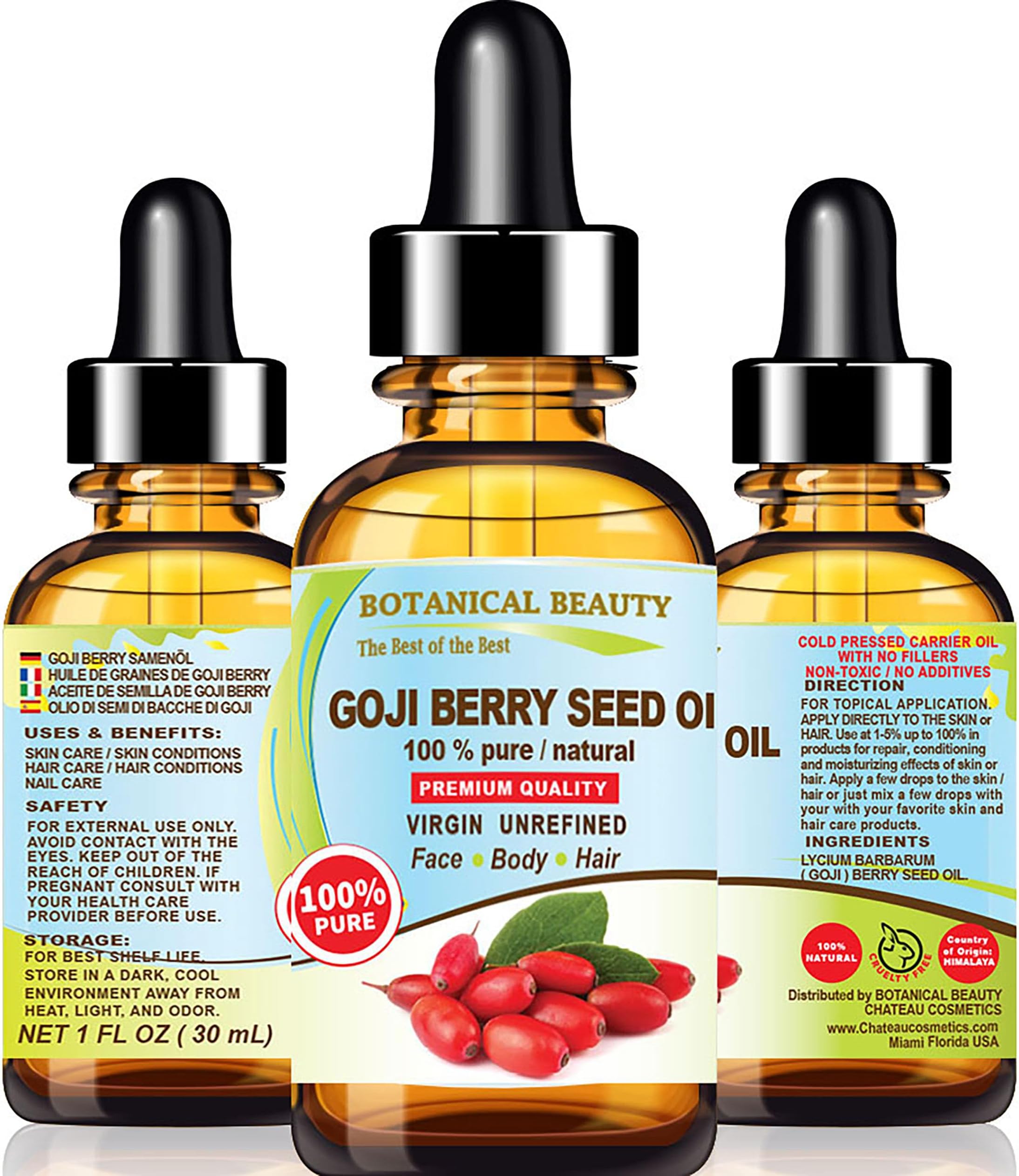 GOJI BERRY SEED OIL Lycium Barbarum Himalayan 100% Pure Natural Virgin Unrefined Cold Pressed Carrier Oil 1 Fl. Oz.- 30 ml for FACE, SKIN, DAMAGED HAIR, NAILS, Anti-Aging by Botanical Beauty