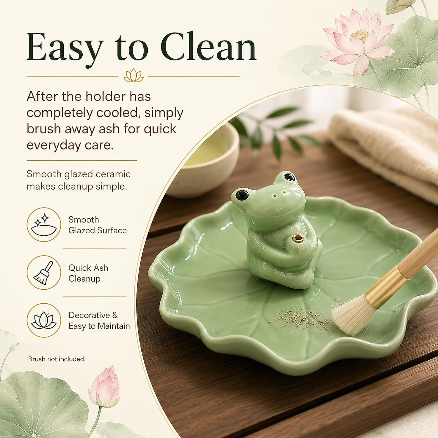 Cute Incense Holder for Sticks, Ceramic Frog and Lotus Leaf Ash Catcher