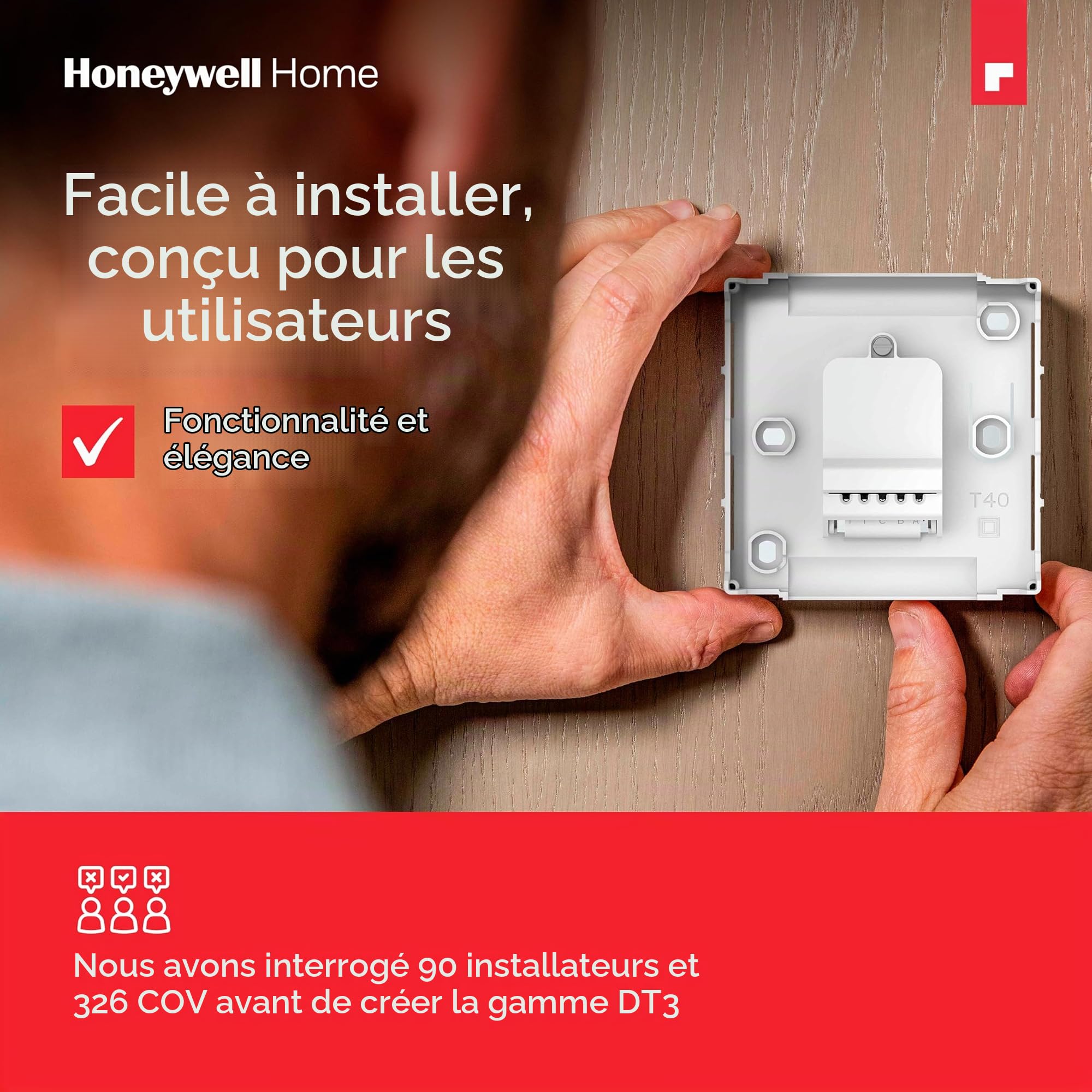 Thermostat d'ambiance Honeywell Home, facile à lire, affichage LED économe en énergie, filaire, noir