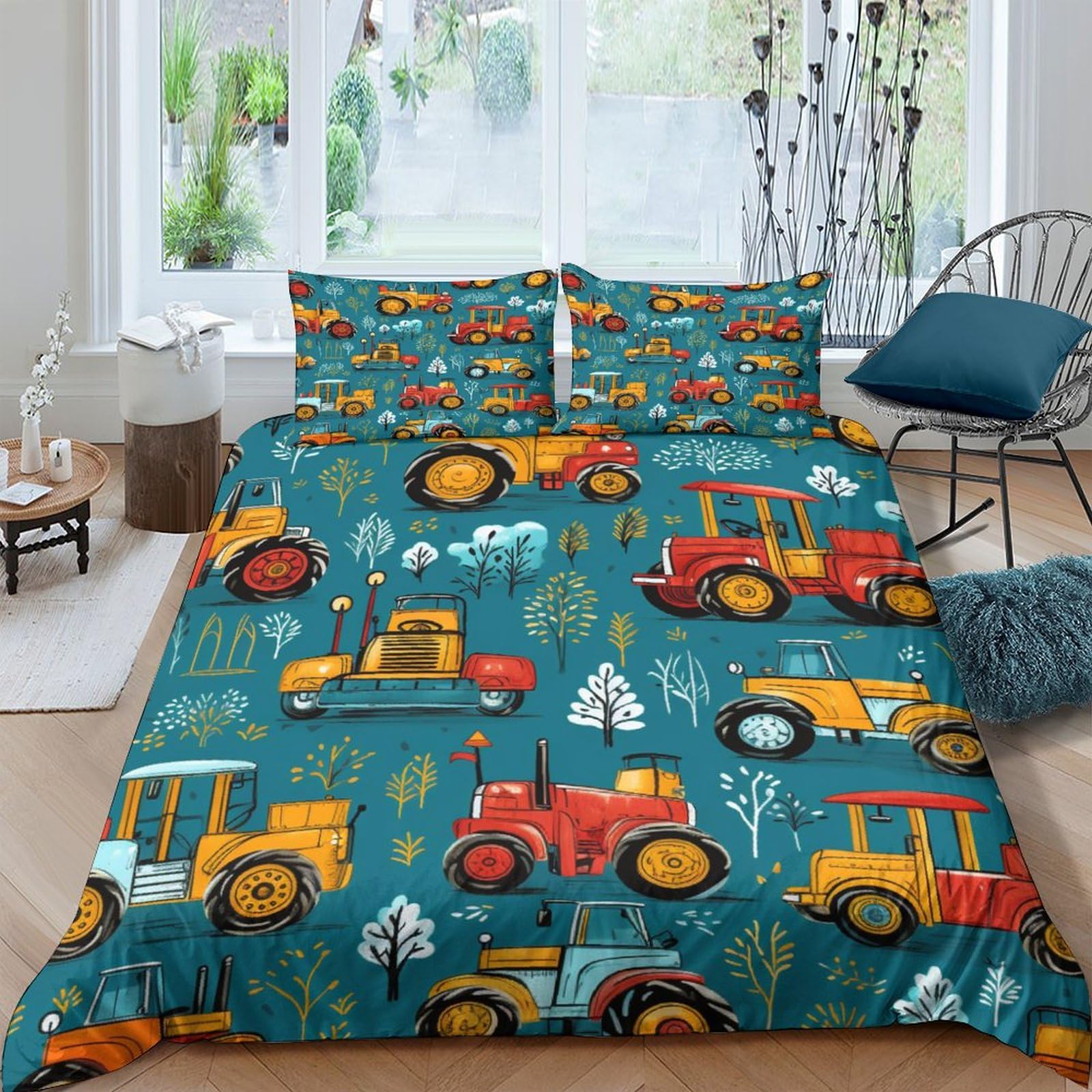 Housse de couette 220x240cm excavatrice 3D avec taies d'oreiller pour lit adulte et enfant