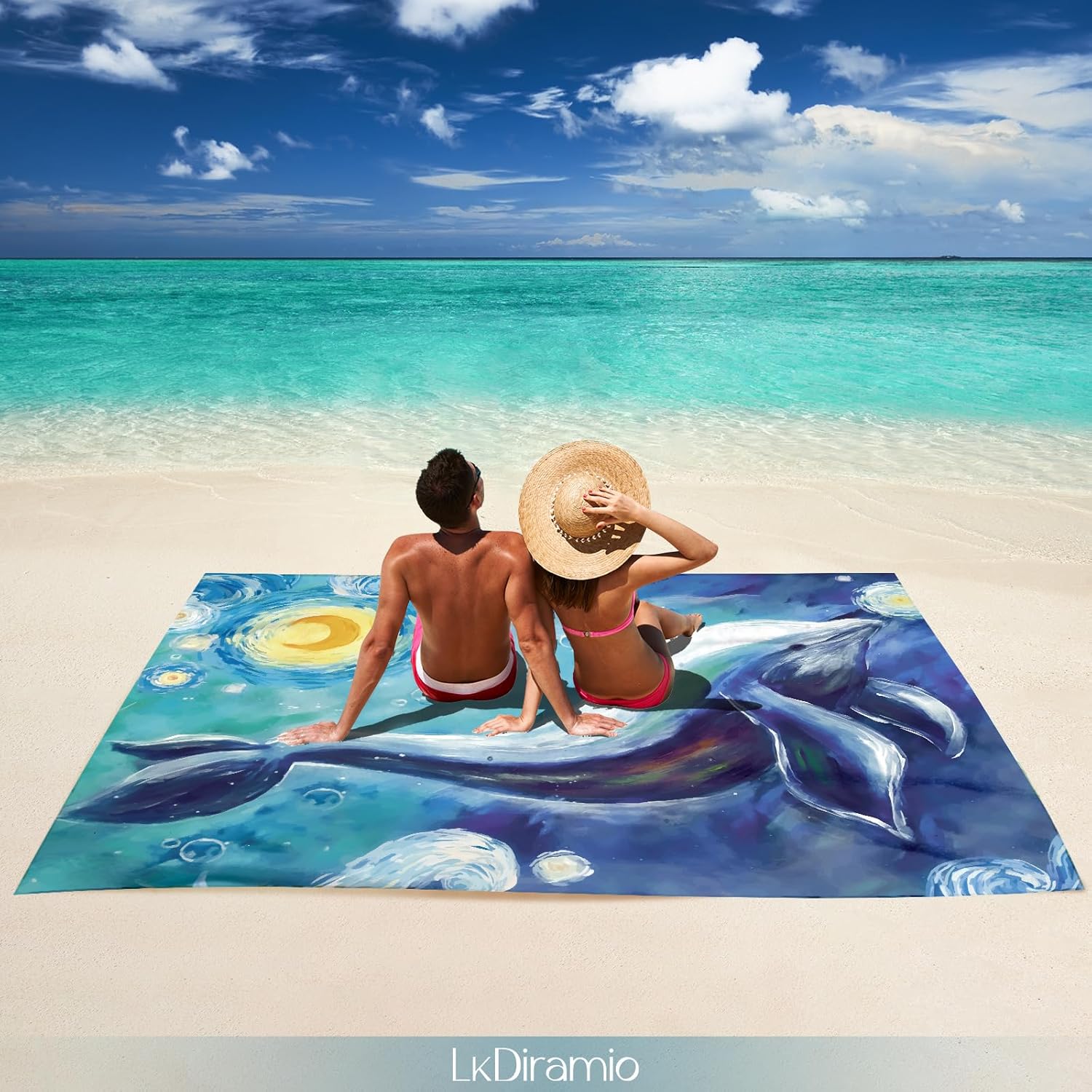 Beach Blanket Sand Proof Waterproof Oversized 100" x 80" Sand Free Mat with Corner Pockets and Mesh Bag for Outdoor, Picnic, Travel, Beach Accessories Portable, Watercolor Dolphin