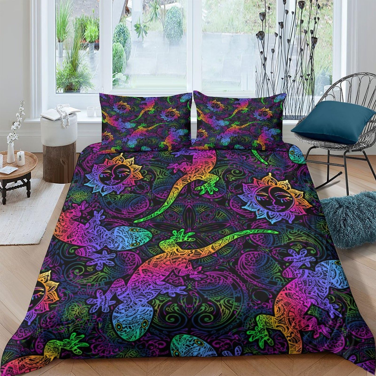 Ctjqhvkz Style-9 3D Printed Psychedelic Dragon Fitted Sheet Microfiber Black Neon Floral Mattress Cover Bedroom Decor Single（135X200cm）