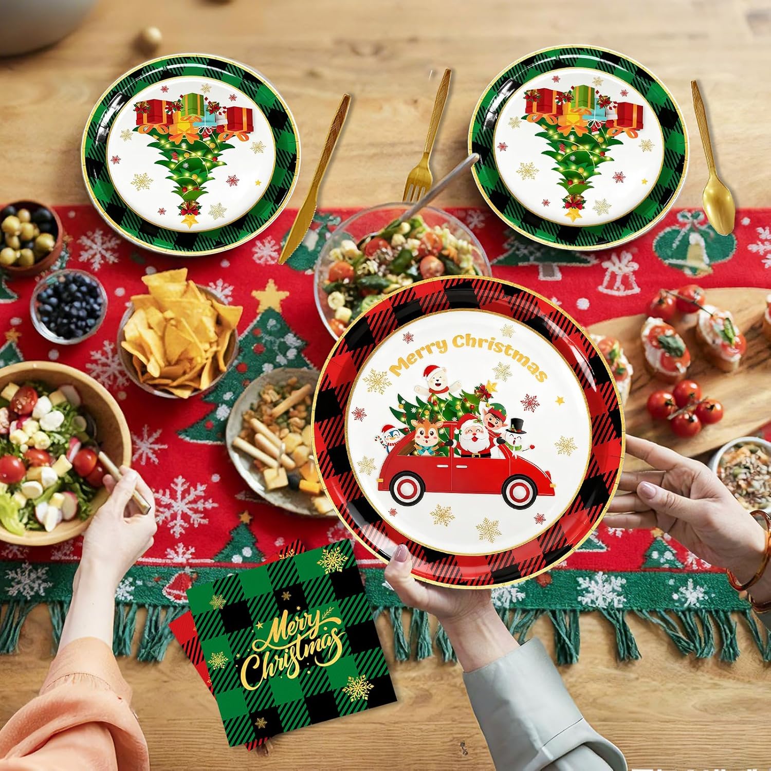 216 Pcs Merry Christmas Plates and Napkins Sets Disposable Merry Christmas Dinnerware Set with Paper Plates, Napkins, and Utensils for Holiday Party Xmas Party Supplies Decoration,Serves 24 - Image 6