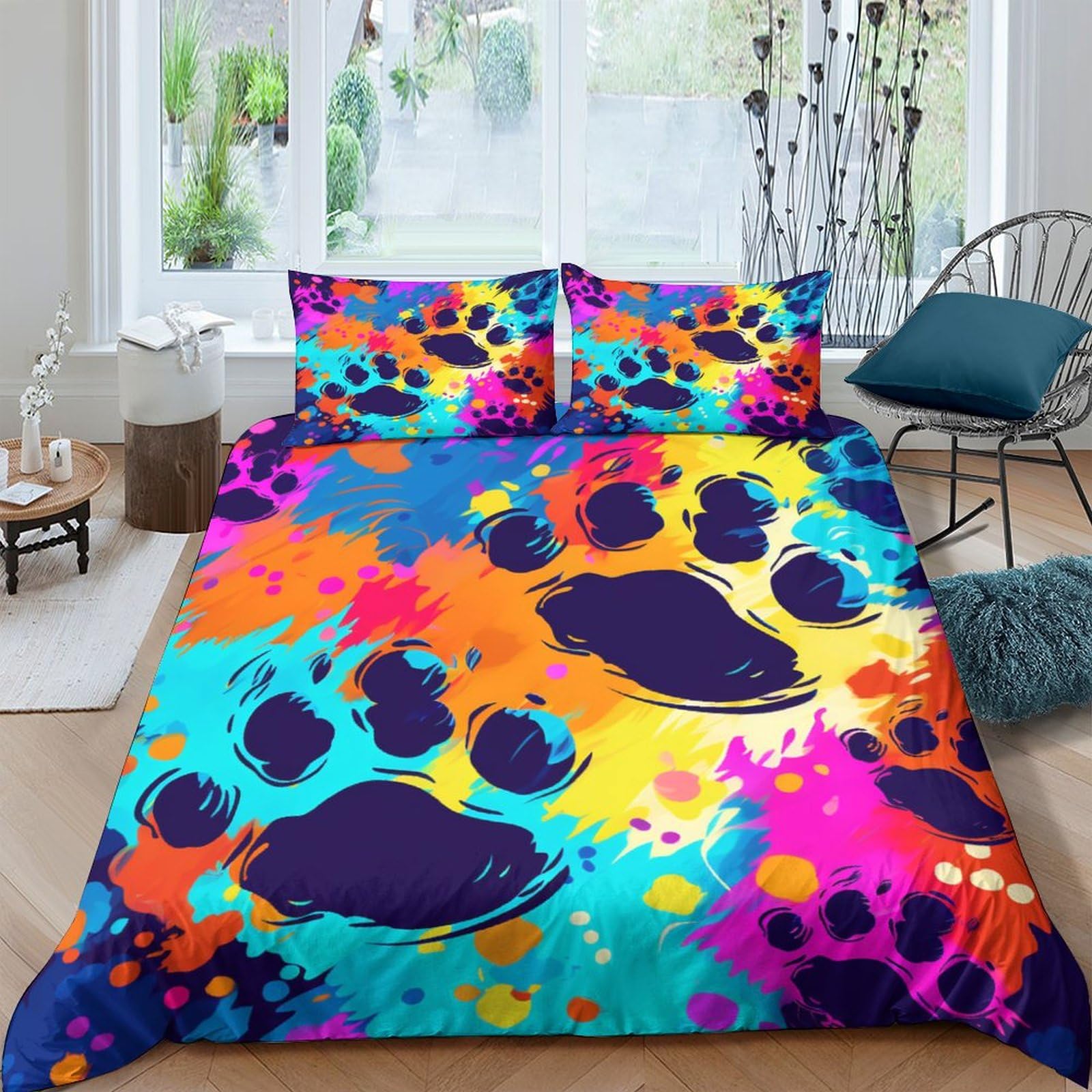 Housse de couette empreintes de pattes en microfibre douce, parure chic effet peinture à l'huile
