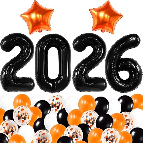 KatchOn, Juego de globos negros 2025, gigantes de 40 pulgadas, paquete de 34 | Globos de graduación naranja y negro 2025, decoraciones de graduación