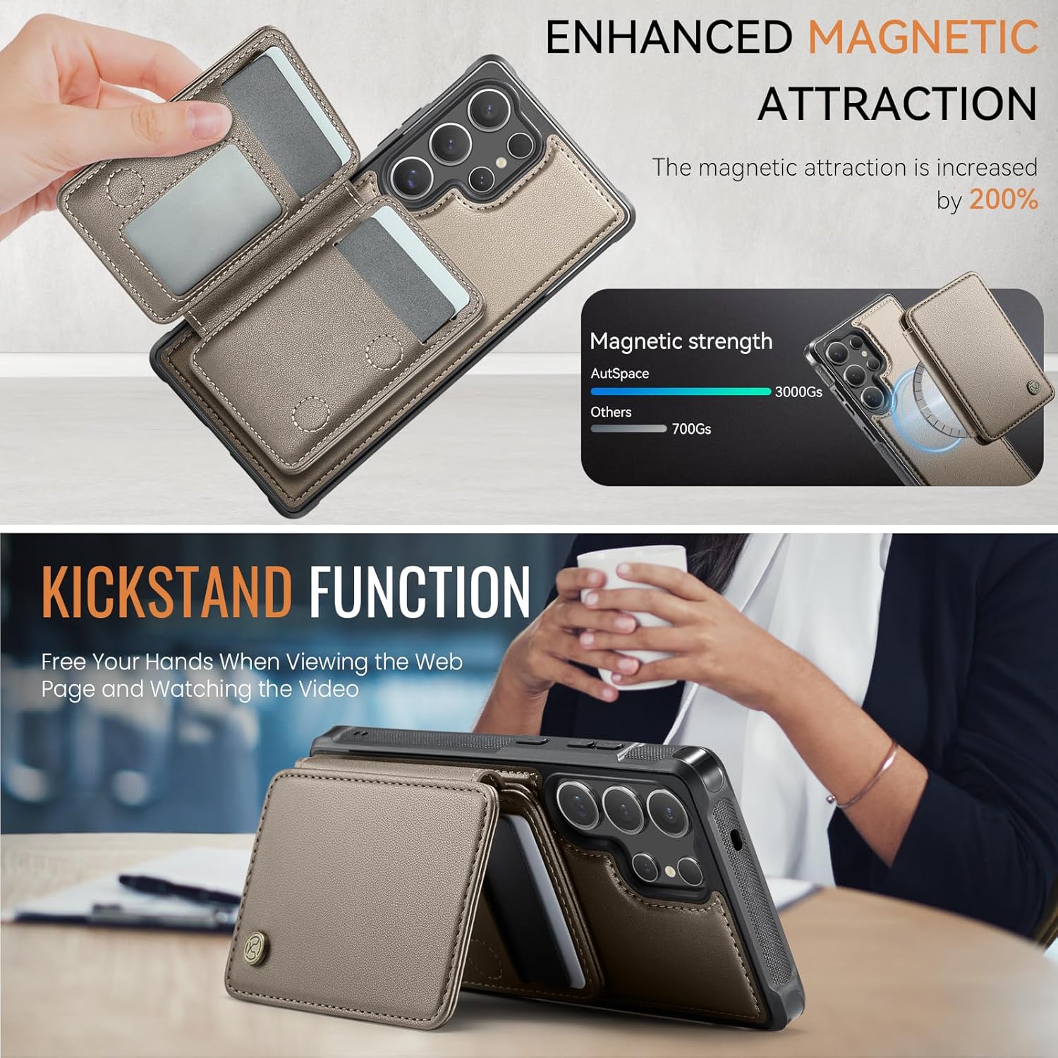 Compatible with Magsafe for Samsung Galaxy S25 Ultra Wallet Case Magnetic Card Holder, RFID Blocking 2 in 1 Detachable Kickstand Shockproof Case for Women Men, Bronze Gold - Image 8