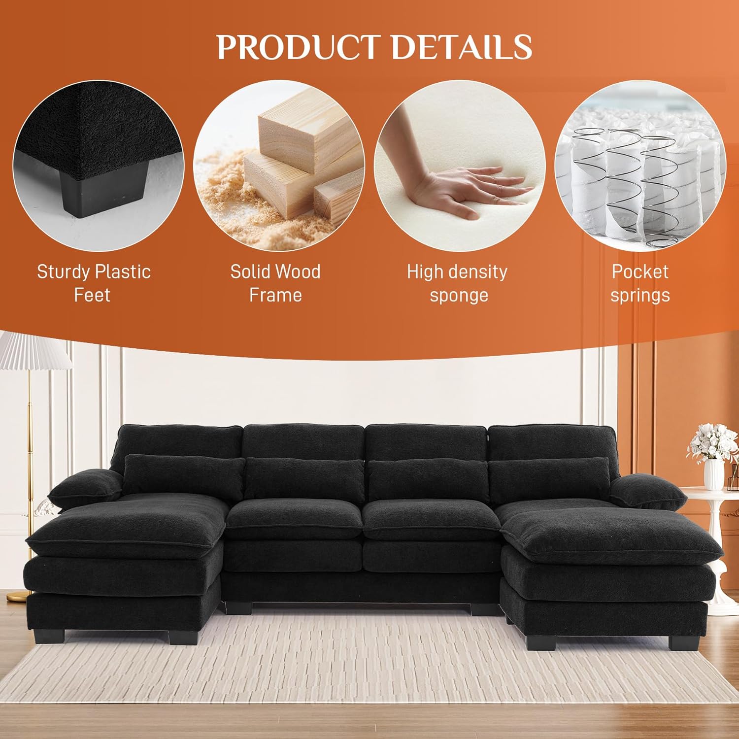 U Shape Sectional Sofa Cloud Couch for Living Room, 114" Comfy Chenille Modular Sectional Sofa, Modern Upholstered 4 Seat L Shape Couch with Lounge Chaise Ottoman Pillows, Black