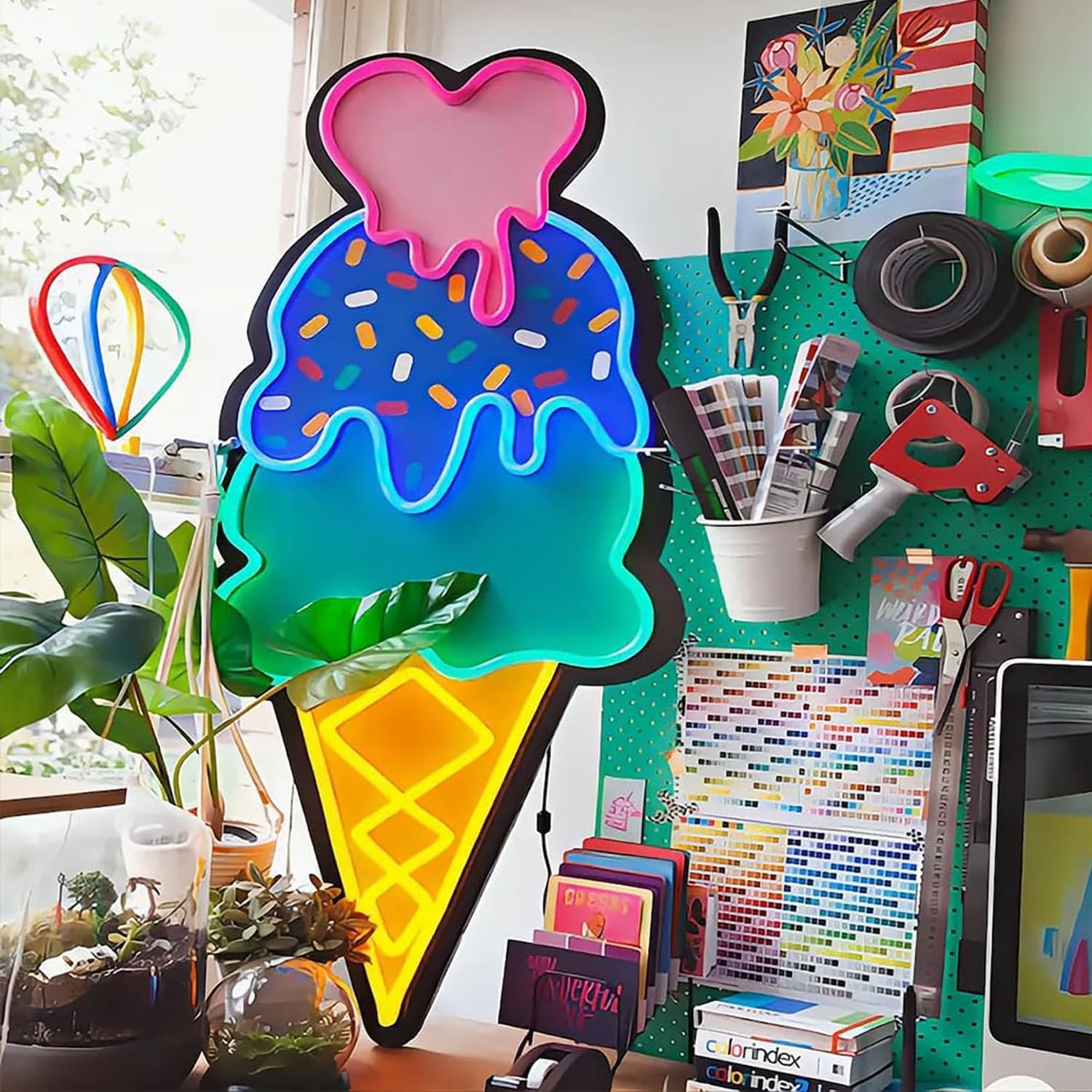 Ice Cream Neon Sign for Wall Decor, Custom Led Neon Signs, Ice Cream Store Dercor sign, UV printing Home Kitchen, Coffee Shop & Dessert Bar Decoration- 20 Inch Dimmable ice cream Light signs