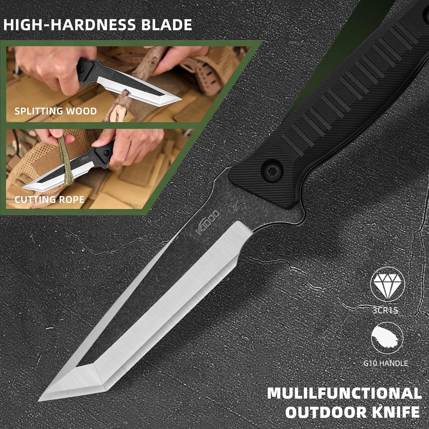 KIDOO Fixed Blade Knife Survival Knife Fixed Blade Knife with Kydex Sheath, 3.93" Blade 3cr15 Steel, Full Tang Knife with G10 Handle, Outdoor Hunting Camping Knives for Survival Hiking Bushcraft