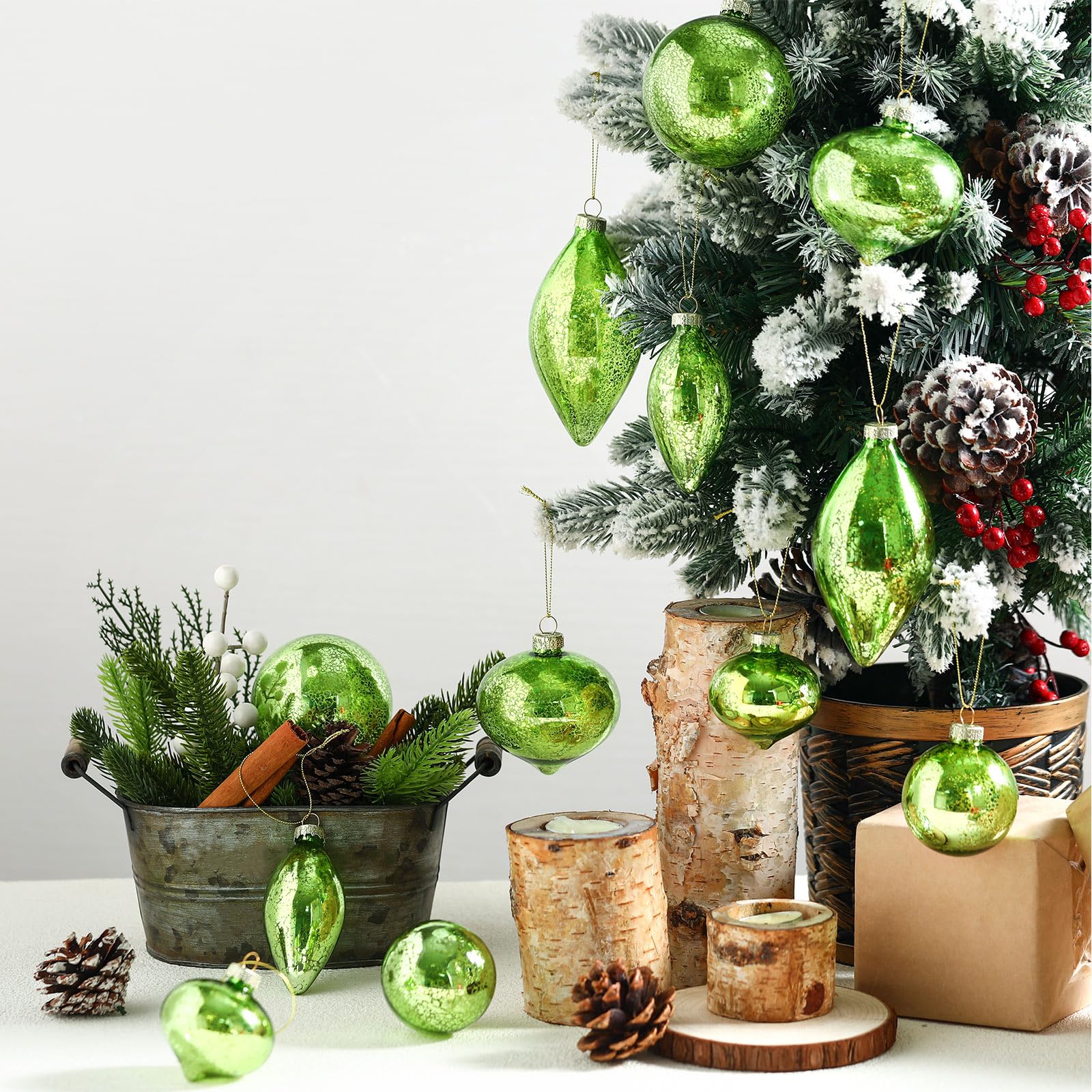 Soulchen Lot de 12 boules de Noël en verre mercure à paillettes vert clair - Décorations de sapin de Noël à suspendre pour arbres, fêtes, mariages