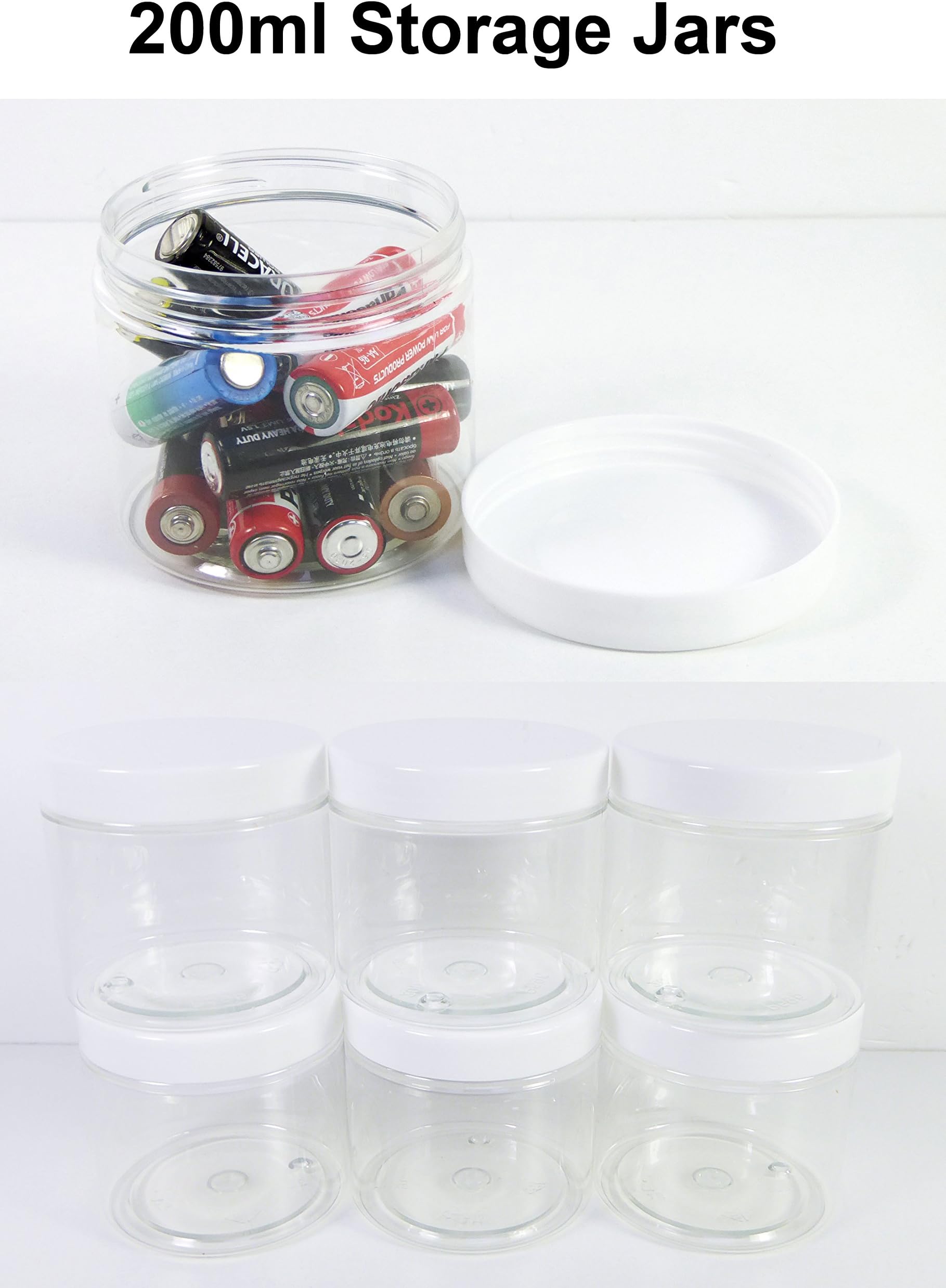 Set of 6 x 200ml PET Clear Plastic Jars WHITE LIDS Storage Pots Tubs Containers for Food Sweets Cosmetics Powders Cream Hookbaits