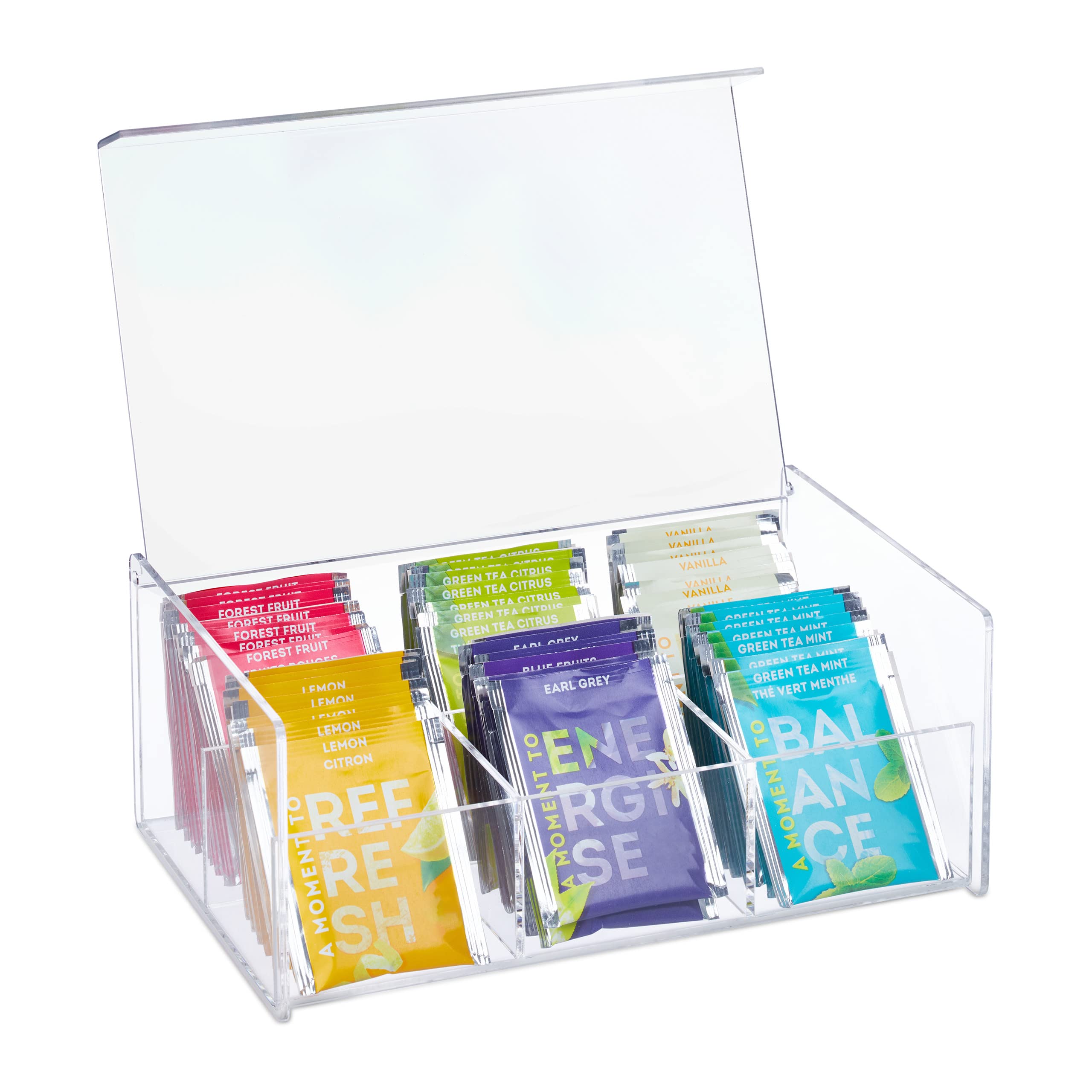 Relaxdays Box Portatè Con Coperchio, 6 Scomparti, Trasparente, 9x21,5x15 Cm, In Plastica, Contiene Fino A 60 Bustine, Scritta TEA