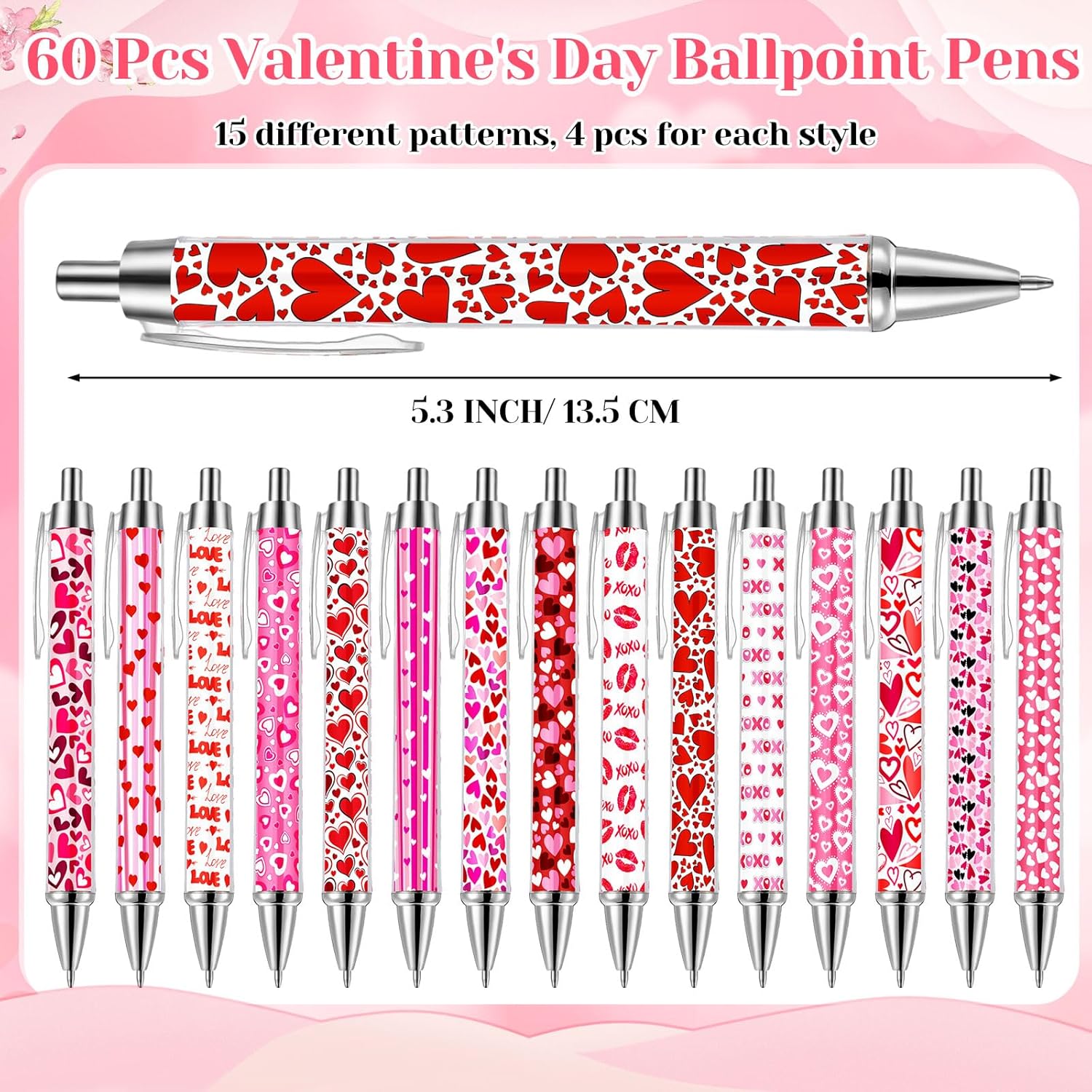 Resurhang 60 Pcs Valentine's Day Ballpoint Pens Bulk Heart Holiday Novelty Pens 0.5 mm Retractable Black Ink Decorative for Kids Office School Party Favor Supplies Women Gift