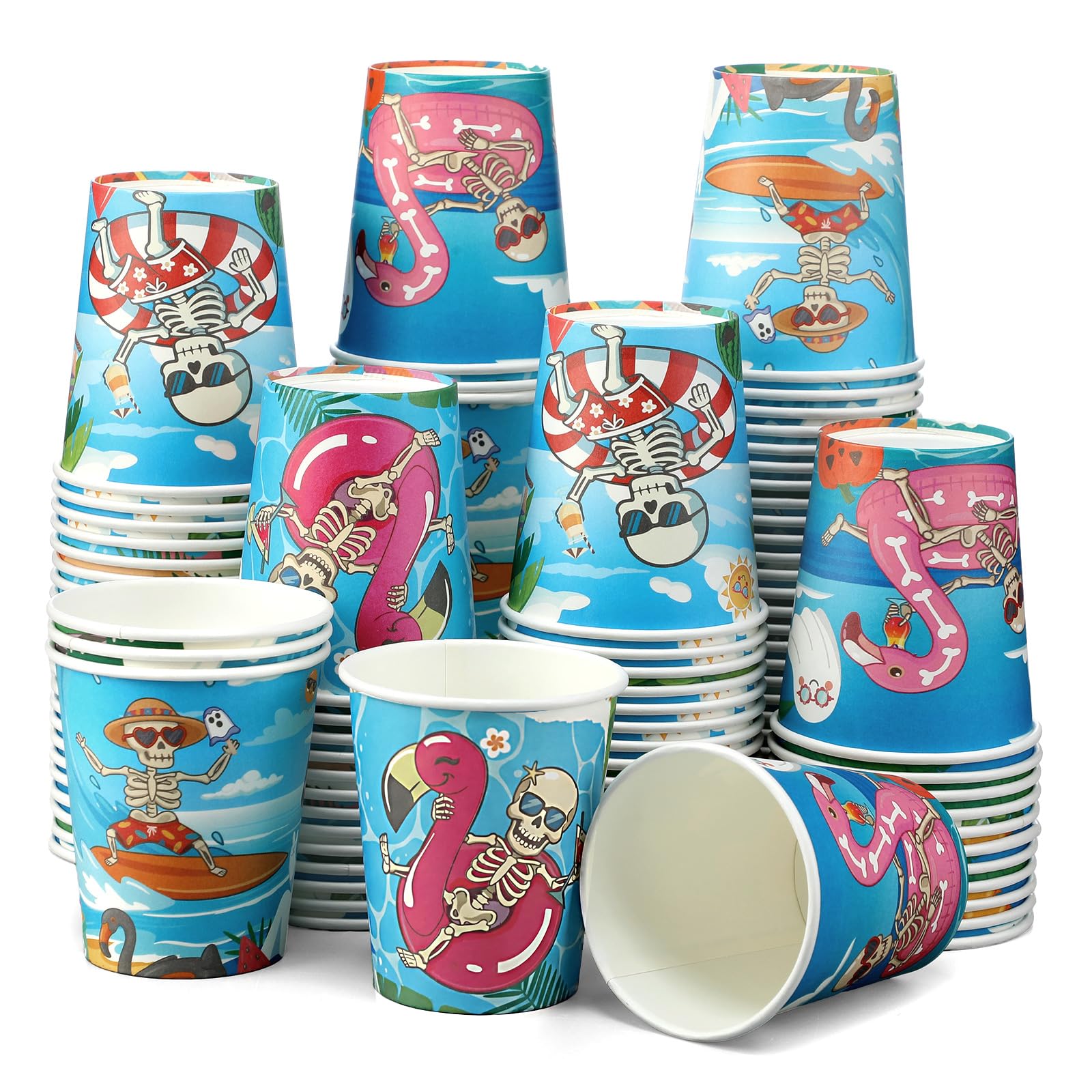 Photo 1 of 100 Pcs Summer Halloween Paper Cups Summer Halloween Party Decorations Disposable Pool Party Cups Skeleton Ghost Pumpkin Beach Flamingos 9 Ounce Drinking Tea Juice Paper for Daily Use Holiday