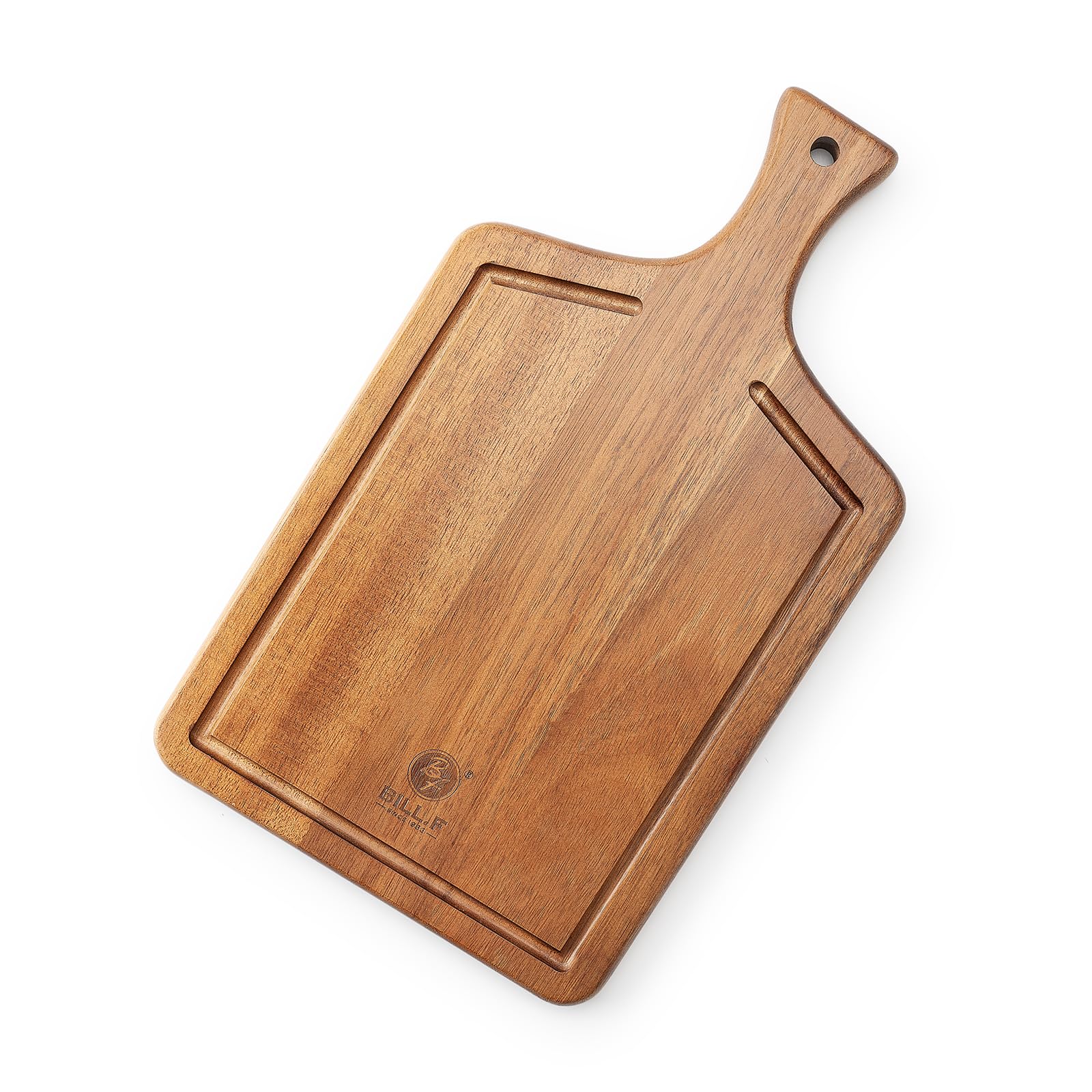 Bill.F - Tabla de cortar de madera de acacia, tabla de cortar de cocina de madera con fregaderos especiales, tablas de cortar de madera de grado profesional con mango de agarre (23 x 39 x 2,5 cm)