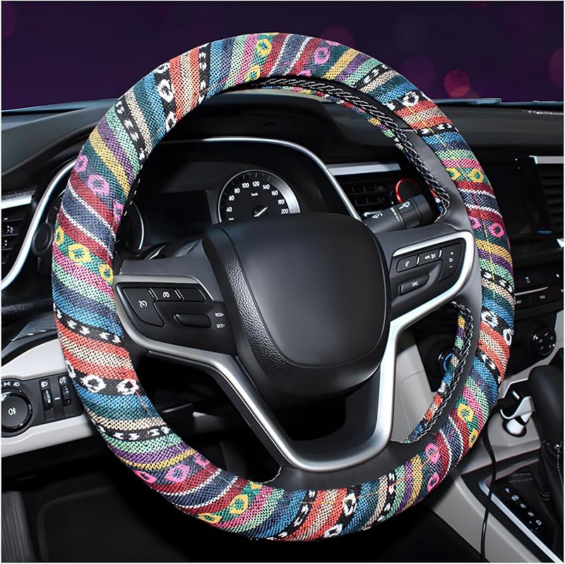 Capa para Volante FSTURIOS Boho em Tecido de Linho Grosso Antiderrapante para Volante de 38,1 cm, Estilo Étnico, para Carros, Vans e Caminhões