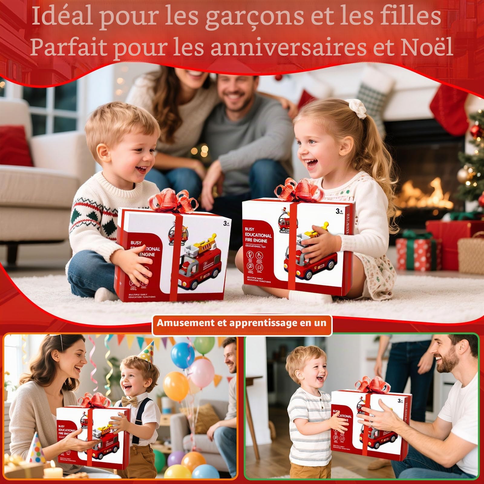 Marstone Camion de Pompier Jouet Enfant 1 2 3 4 Ans Voiture de Pompiers avec Lumières et Sons, Jouet Montessori avec Accessoires et Figurine, Jouet Éducatif Cadeau Garçon Fille, Cadeaux pour Garçons