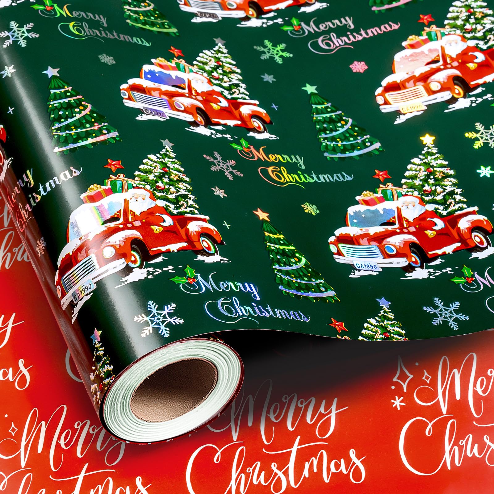 Homeral Christmas Wrapping Paper Roll - 43cm x 10m - Green Holographic Santa Claus, Red Cars, Trees and Merry Christmas Lettering Reversible Gift Wrap Paper for Xmas, New Year Party Celebration