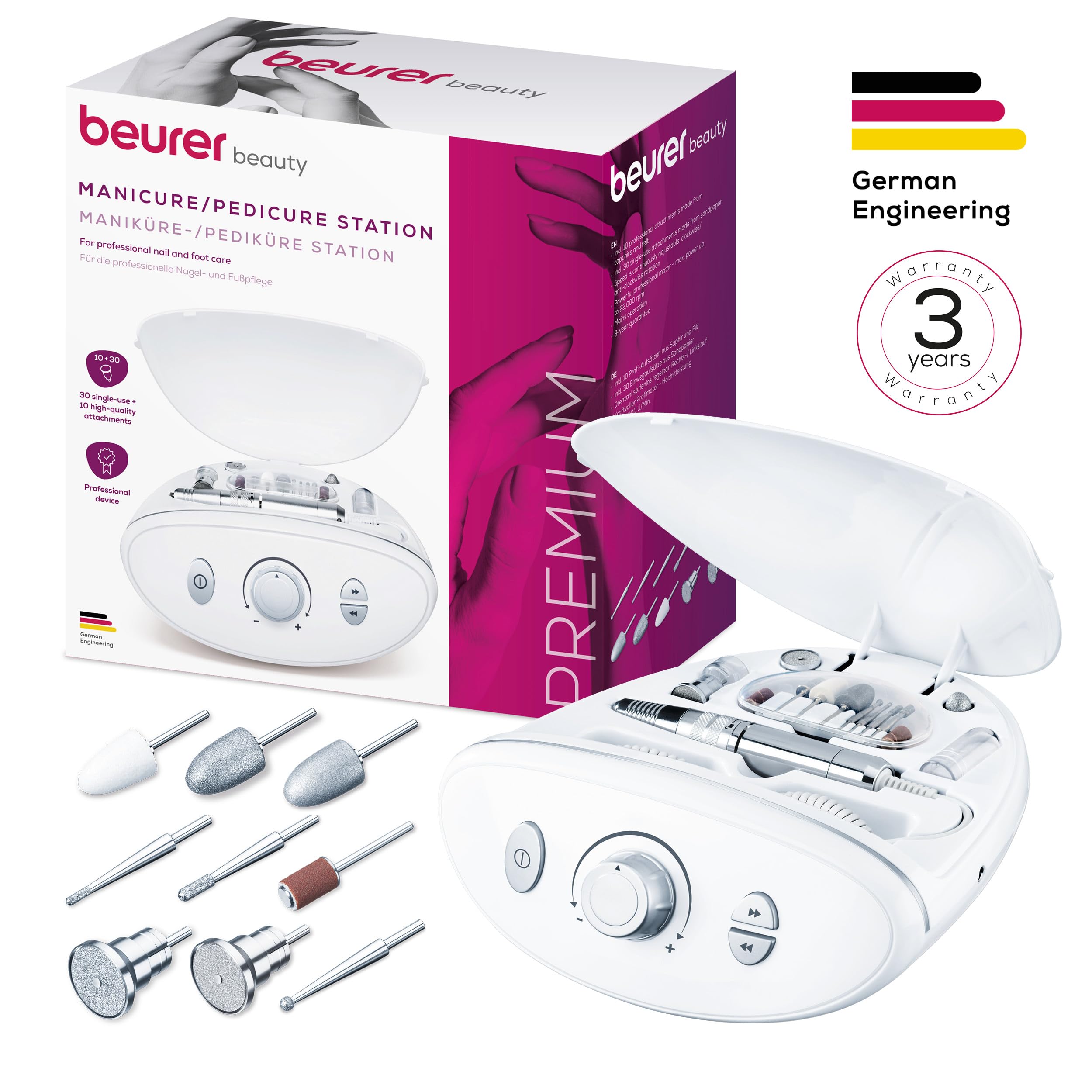 Beurer MP 100 Station professionnelle de manucure/pédicure, ponceuse pour ongles avec 10 embouts en saphir et feutre, embout de protection contre la poussière d'ongles, jusqu'à 20.000 tr/min