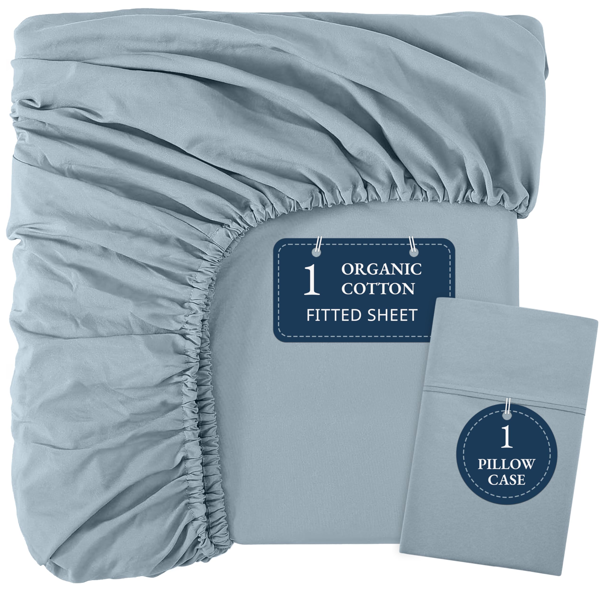 LANE LINEN Single Fitted Sheet – 100% Organic Cotton Bottom Sheet with 1 Pillow Cover1, Ultra Soft & Breathable, 35cm Deep Pocket, Elastic Edges for Secure Fit - French Blue — image 1