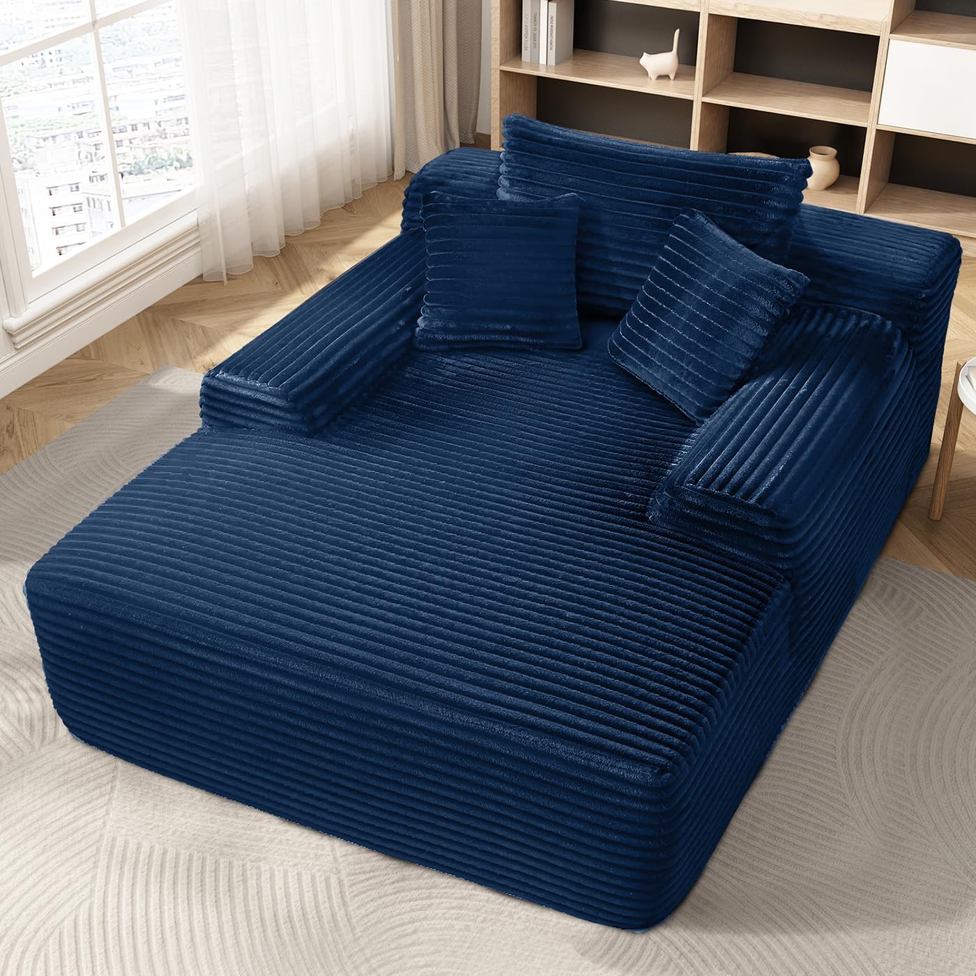 65'' Chaise Lounge Chair Indoor, Plush Corduroy Longue Chair Sleeper Sofa, Boneless Oversized Sofa Bed for Bedroom Living Room, Comfy Fluffy Reading Recliner Cloud Couch No Assembly