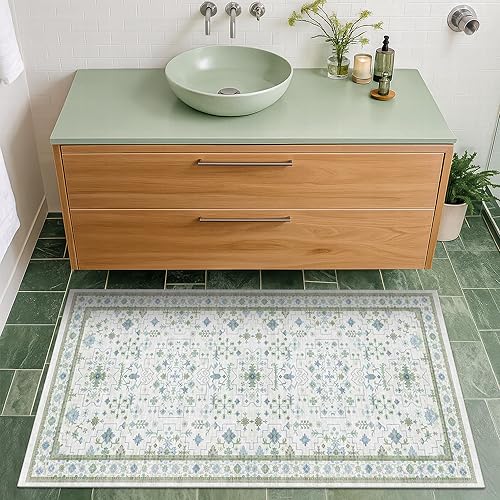 Miniatura 23 de Alfombra de Pasillo de Baño Lavable Oushak 2x5 - Floral Pastel Bohemio Ecléctico, Alfombra Pequeña Antideslizante de Pelo Bajo Resistente a Manchas