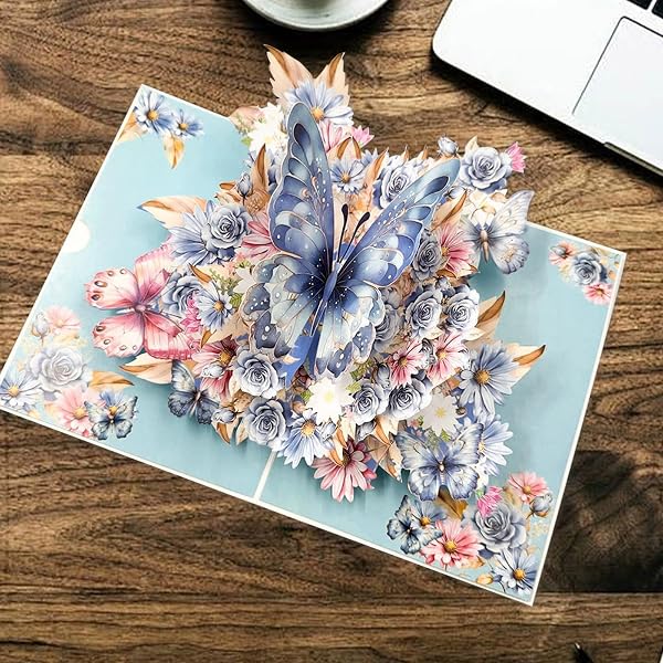 3D 蝶々ポップアップカード 花 フラワー 立体 飛び出す グリーティングカード 花束 胡蝶 メッセージカード バレンタイン 誕生日 記念日 母の日 敬老の日 春 結婚祝い プレゼントA#B - 5