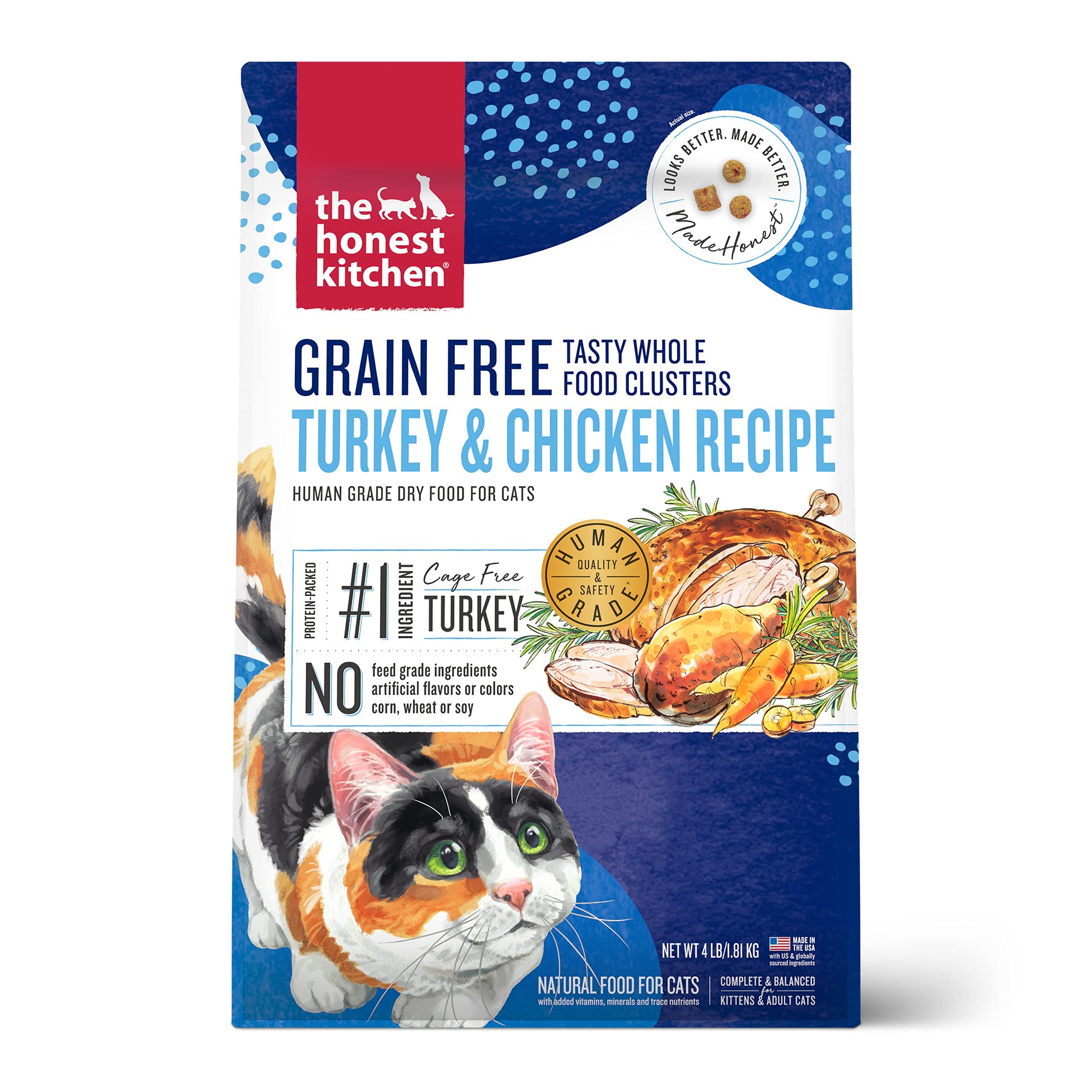 The Honest Kitchen Human Grade Whole Food Clusters Grain Free Turkey & Chicken Dry Cat Food, 4 lb Bag