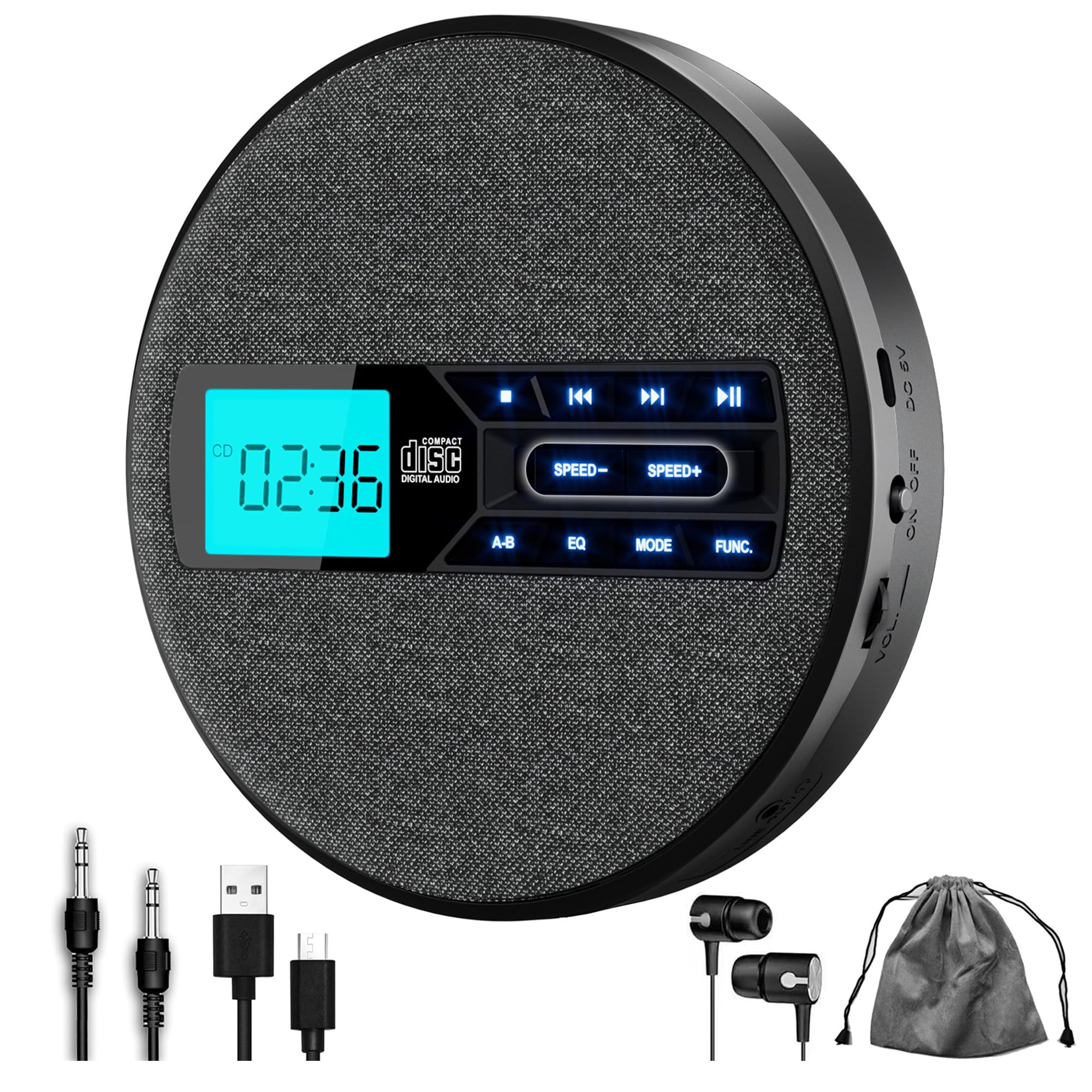 CD Player Portable, Rechargeable Portable CD Player with Dual Speakers and Anti Skip,CD,USB,AUX,LCD Display,Backlit Button,5 EQ,A-B Repeat,10 Speeds for Home Car Fabric, Black