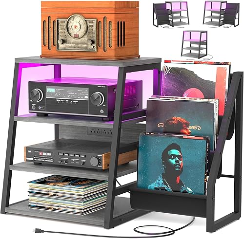 Miniatura 9 de Soporte multimedia AV con tomacorrientes, consola multimedia con luces LED, estantes estéreo y soportes con estantes de almacenamiento, gabinete