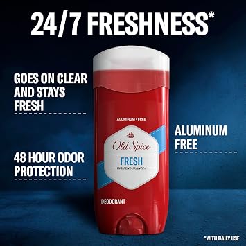 Old Spice Aluminum Free Deodorant For Men, High Endurance, 24/7 Sweat Defense & Odor Protection, 24/7 Freshness & Lasting Scent, Fresh Scent, 3.4 oz (Pack of 3)