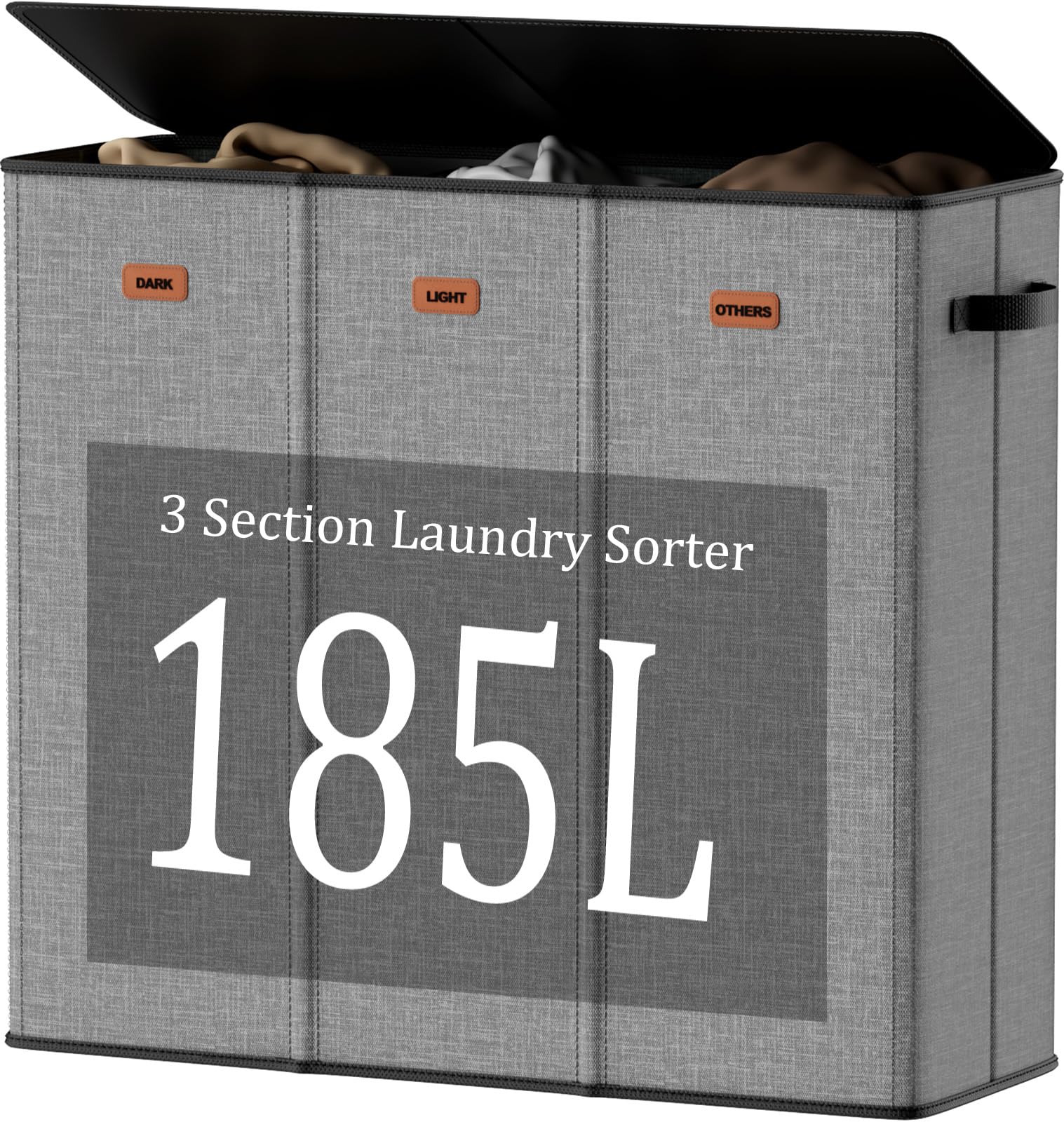Cesto de roupa 185L, 3 seções com tampa, cesto cinza, 3 compartimentos com 3 sacos de