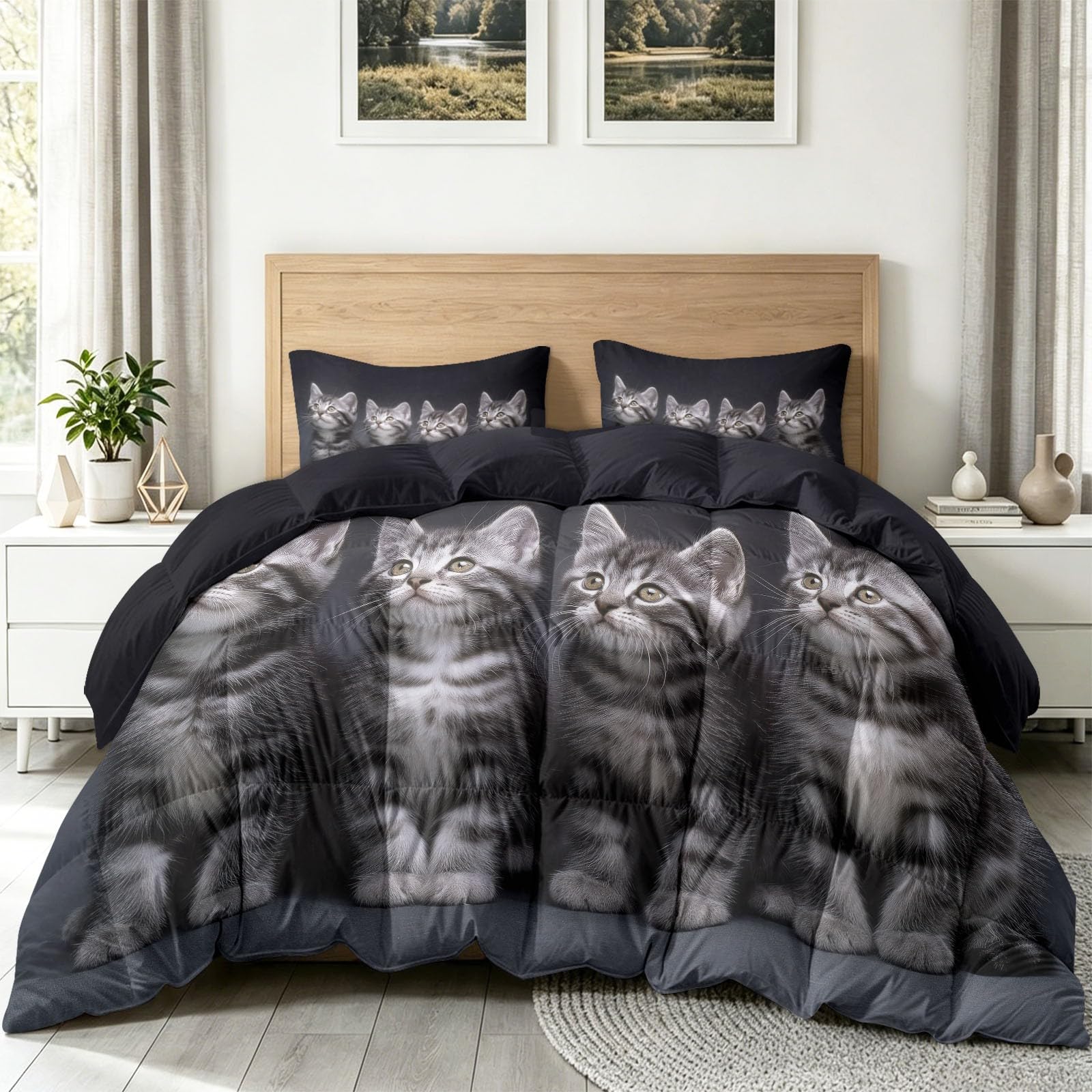Bettdecke ohne Bezug 135 x 200 cm Set, Haustier Kätzchen Waschbare Ganzjahresdecke, Modern Silber Getigert Tier Katze Wendebettdecke Verstärkte 3 teilige - Dunkelgrau 4 Jahreszeiten Schlafdecke
