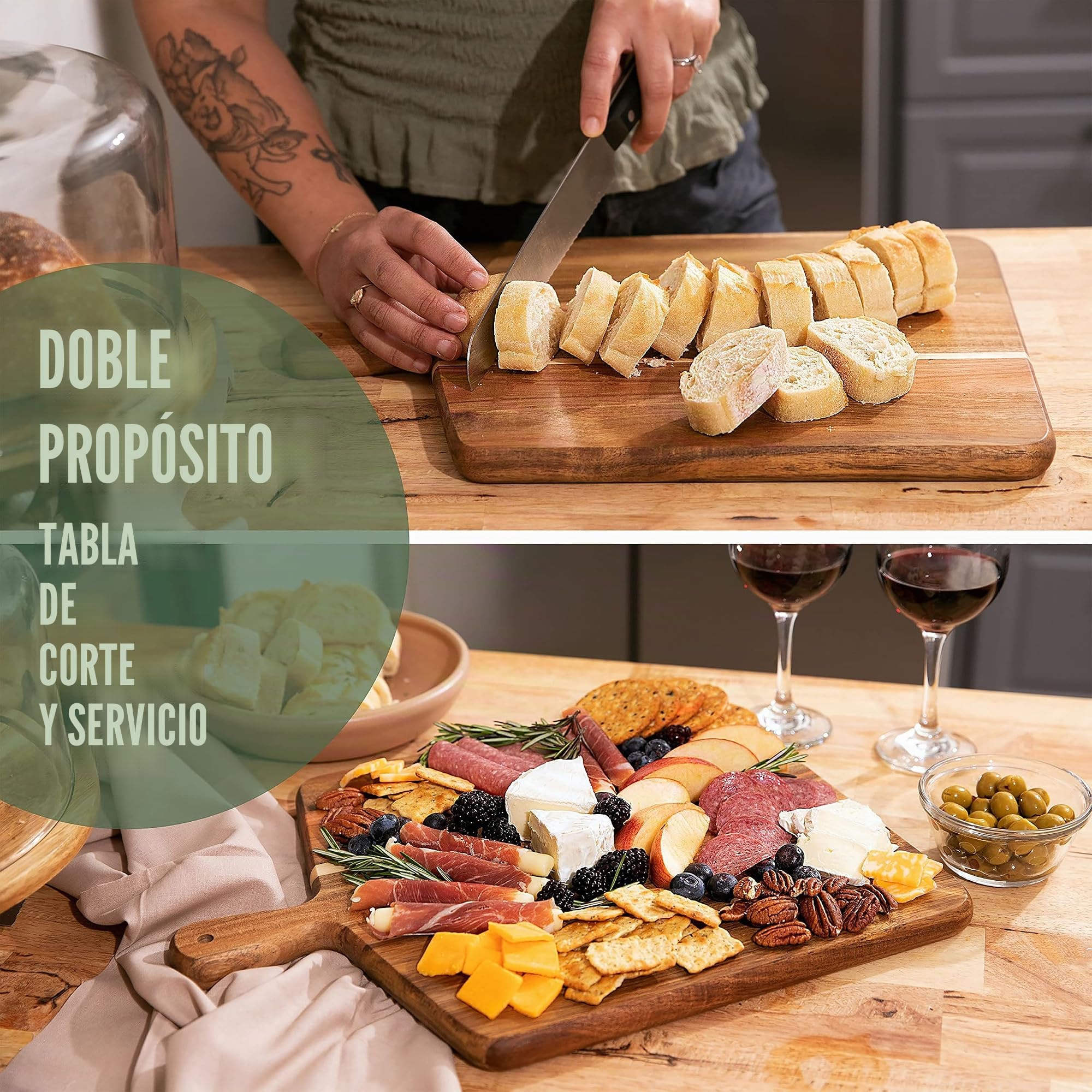 Tabla de cortar y tabla de cortar de madera de acacia con asa para carne, tabla de queso, verduras, pan y embutidos, tabla decorativa de madera para servir cocina y comedor, grande, 17 x 13 pulgadas