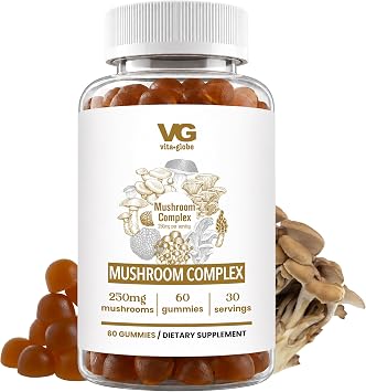 VITA Globe Mushroom Complex Gummies with Reishi, Lions Mane Mushrooms, Chaga, Cordyceps & More, Mushroom Supplement for Immune Defense, Energy & Brain Function Support, 250mg, 60 Count Pack of 1