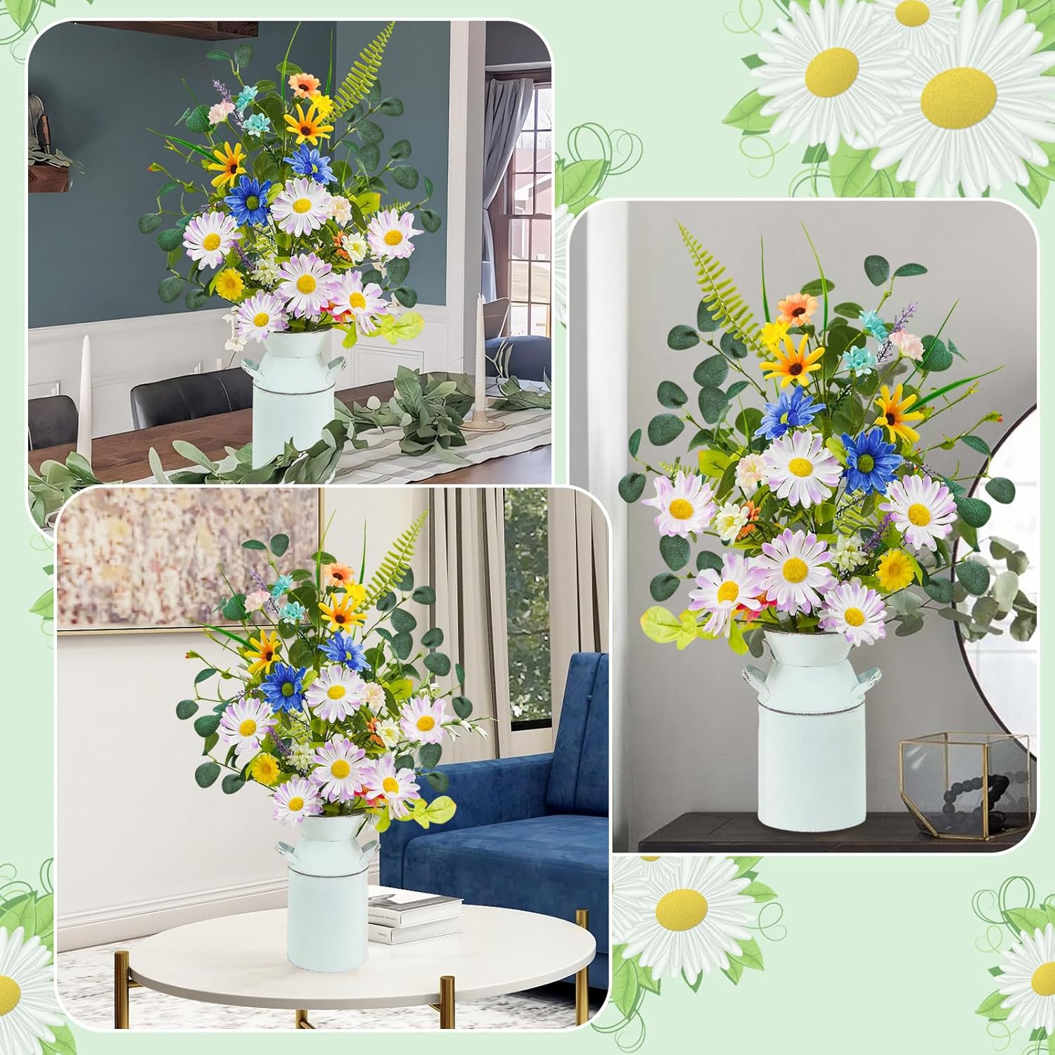 Krissing Fake Flowers with Vase, 23" Tall Faux Floral Arrangement in Metal Pot Silk Artificial Wild Yellow Flowers Greenery Stems for Table Centerpieces Home Dining Room Spring Decor